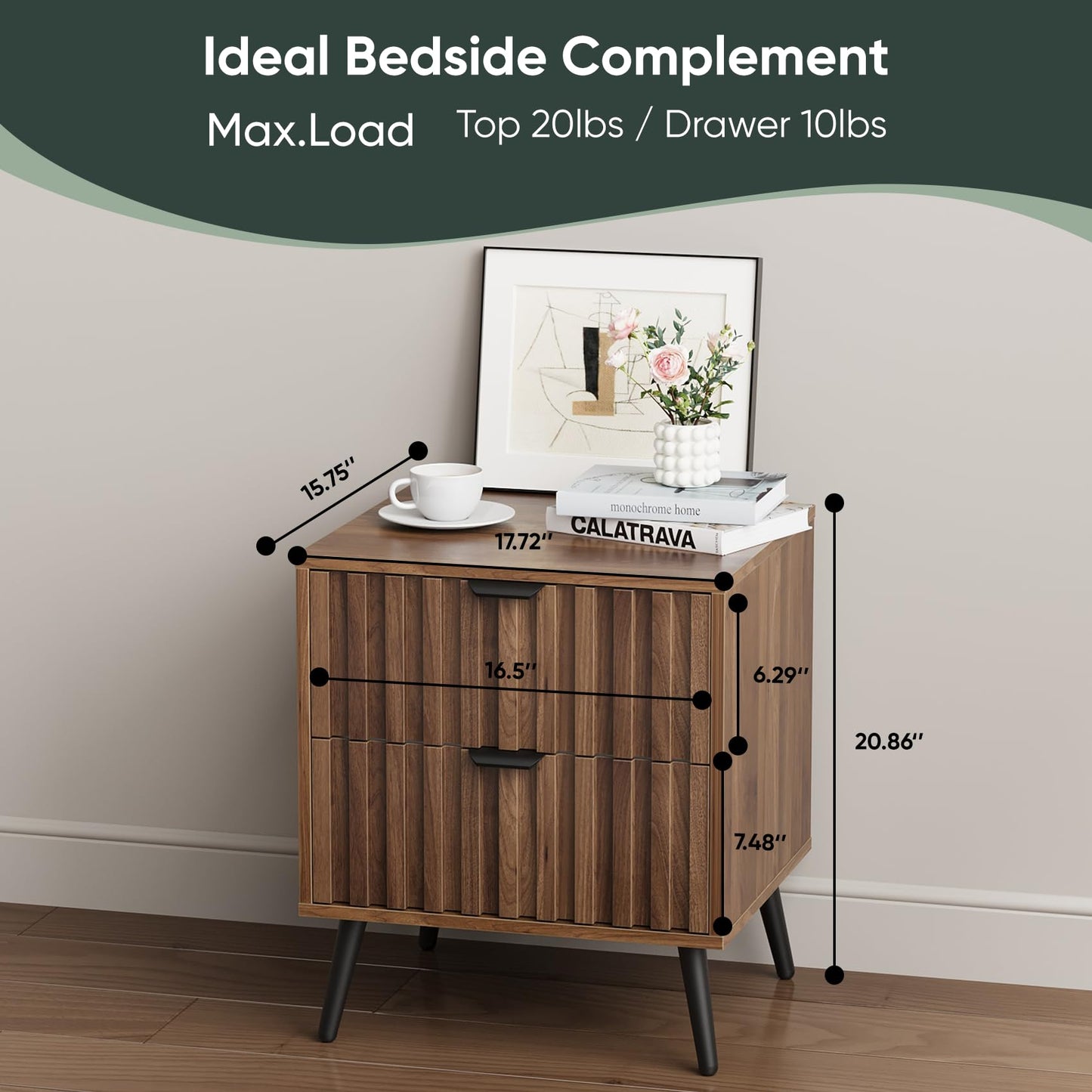 Nightstands, Walnut Fluted Night Stand, Mid Century Modern Nightstand, Bedside Table with Seamless Slatted Drawer, End Tables Bedroom with Metal Legs