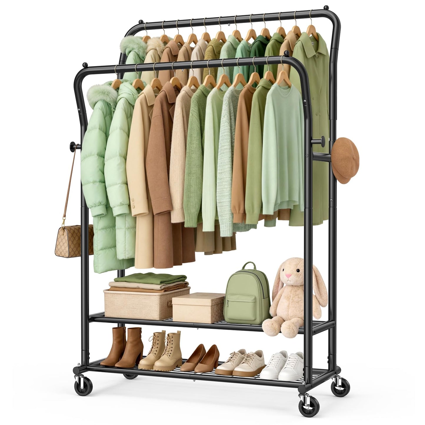 EAGMAK Heavy Duty Clothes Rail Load 378 kg, Double Rods Clothing Rails on Wheels, Height Adjustable Hanging Rack with Shelves & Coat Hooks
