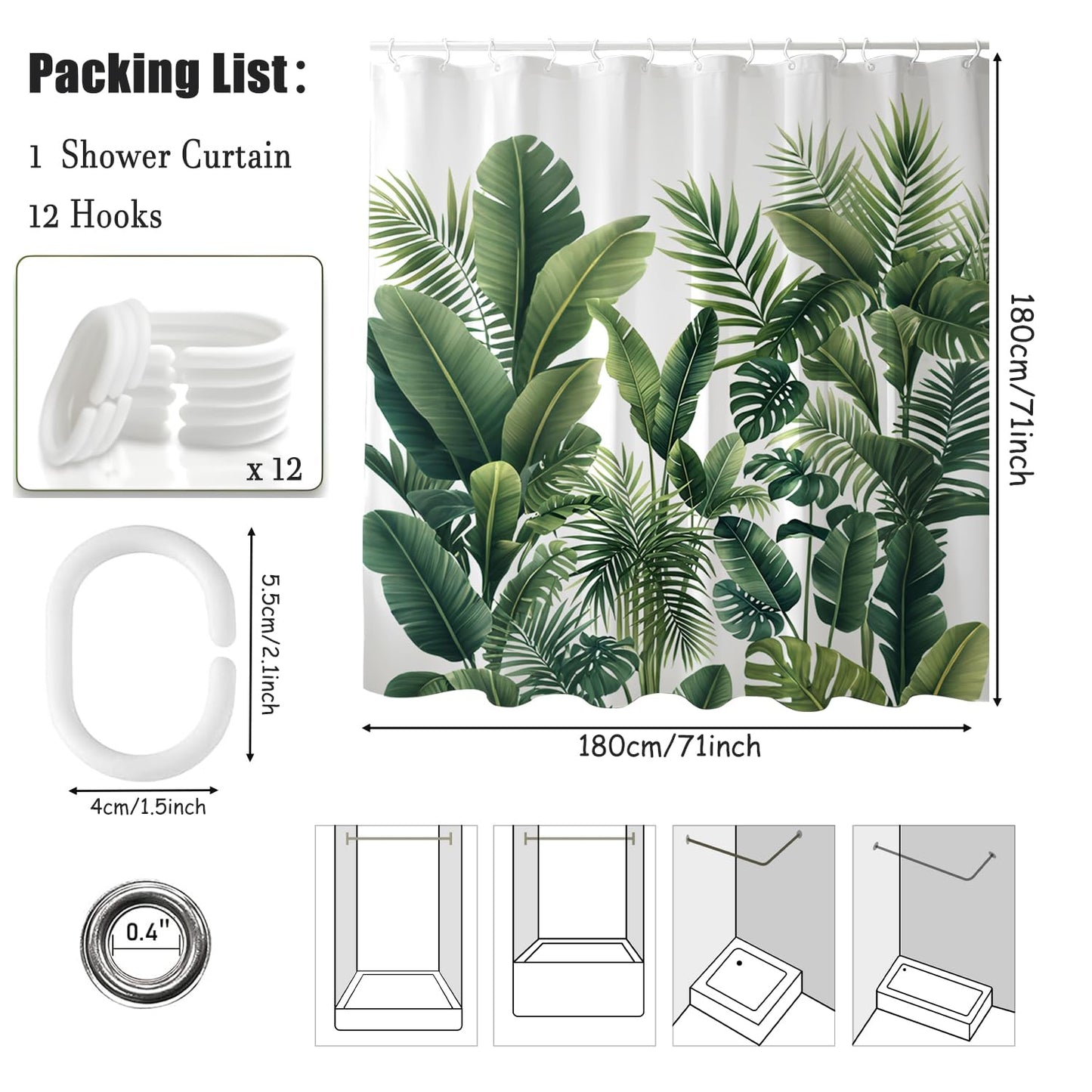 WYRCFS Shower Curtain 180x180cm Green Palm Leaves Mould Proof Waterproof
