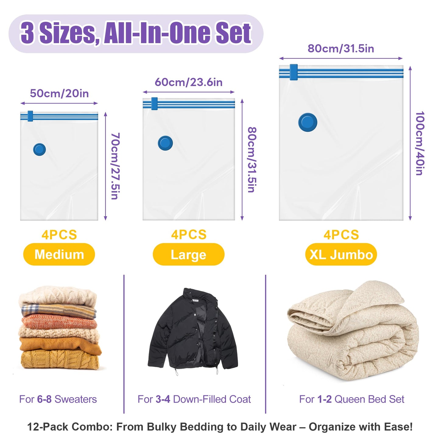 Vacuum Storage Bags- 12Pack 4XL/4L/4M Vacuum Bags for Travel