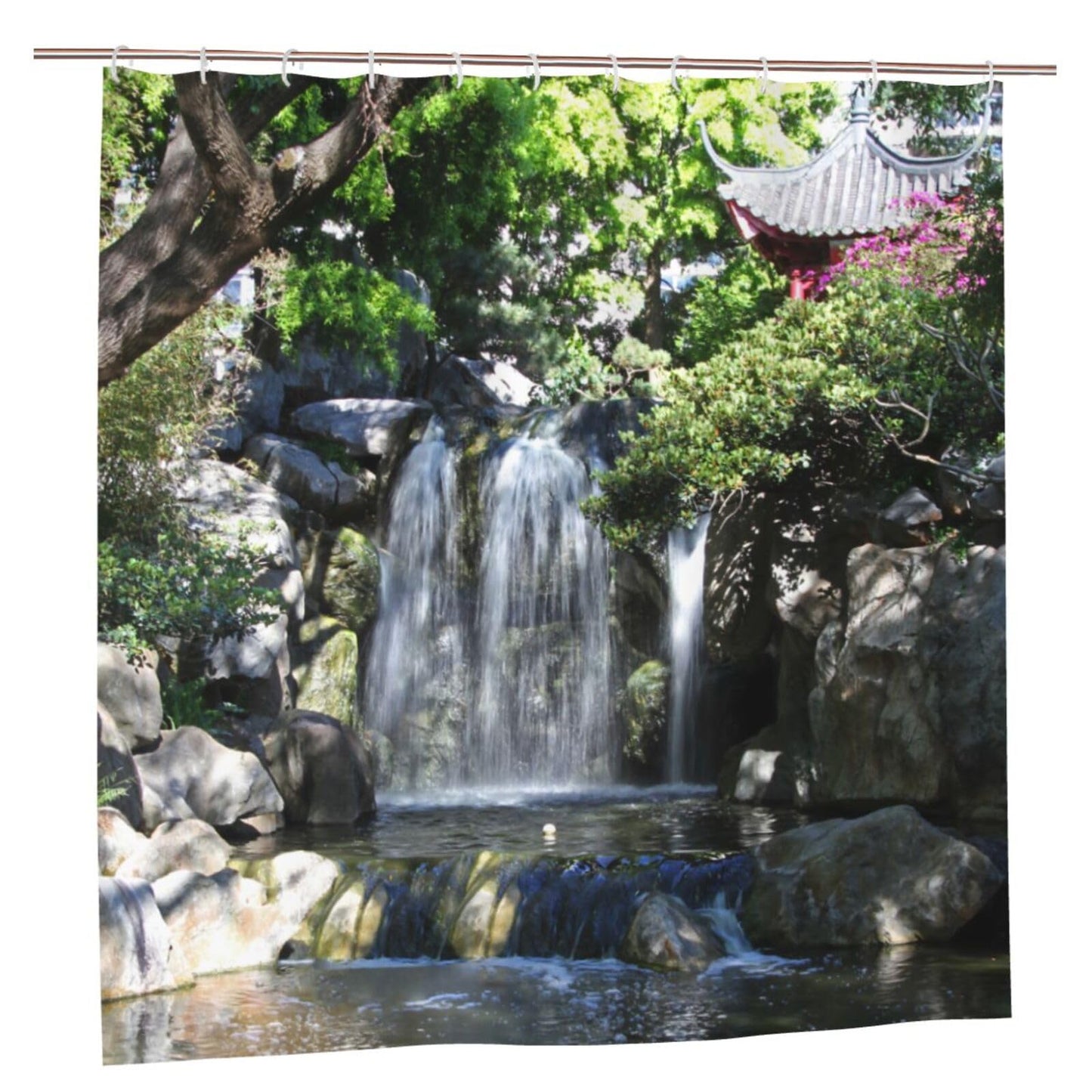 Newhomestyle Waterfall Scenery Garden Shower Curtain, Waterproof Polyester Fabric Pavilion Bathroom Shower Curtain