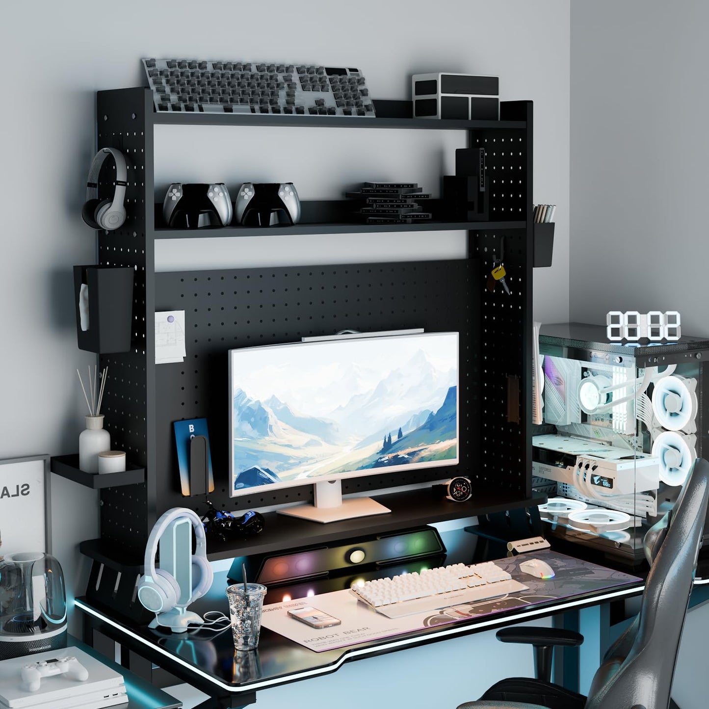 Boltmol 2-Tier Desk Shelf With Monitor Riser,Black 100CM, Desktop Organizer With Pegboard, Countertop Storage Bookcase For Home, Office Or Dorm