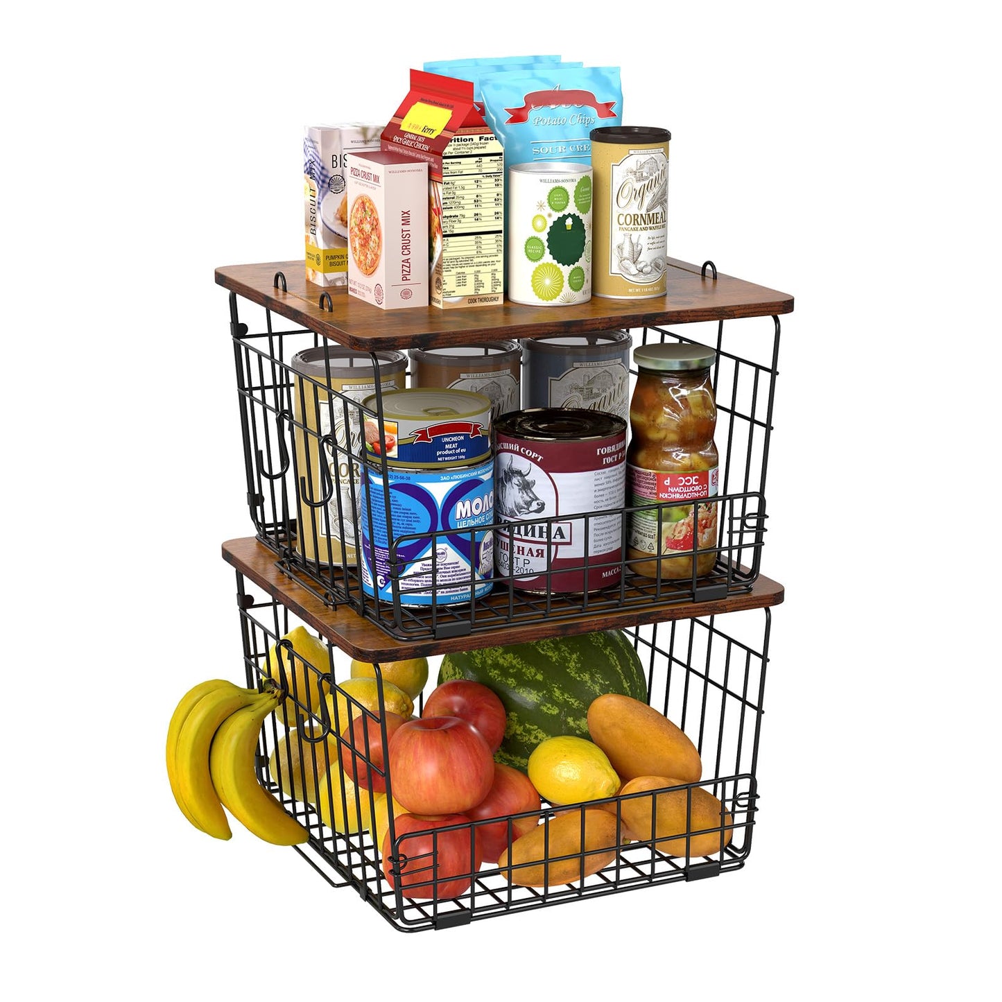 Delamu 2 Pack Potato and Onion Storage, Pantry Organizer and Storage with Wood Top, Kitchen Counter