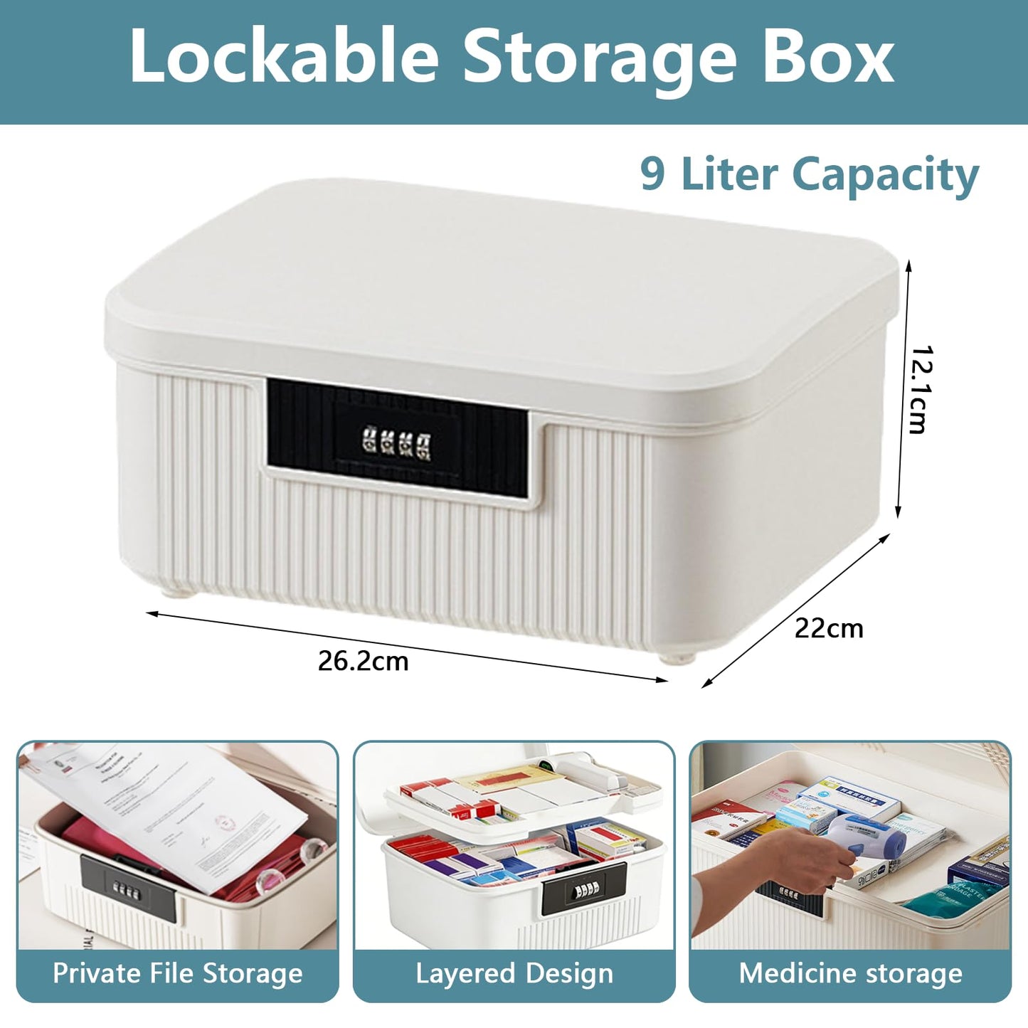 2 Layer Lockable Medicine Storage Box, 9LMedicine Box with Combination Lock