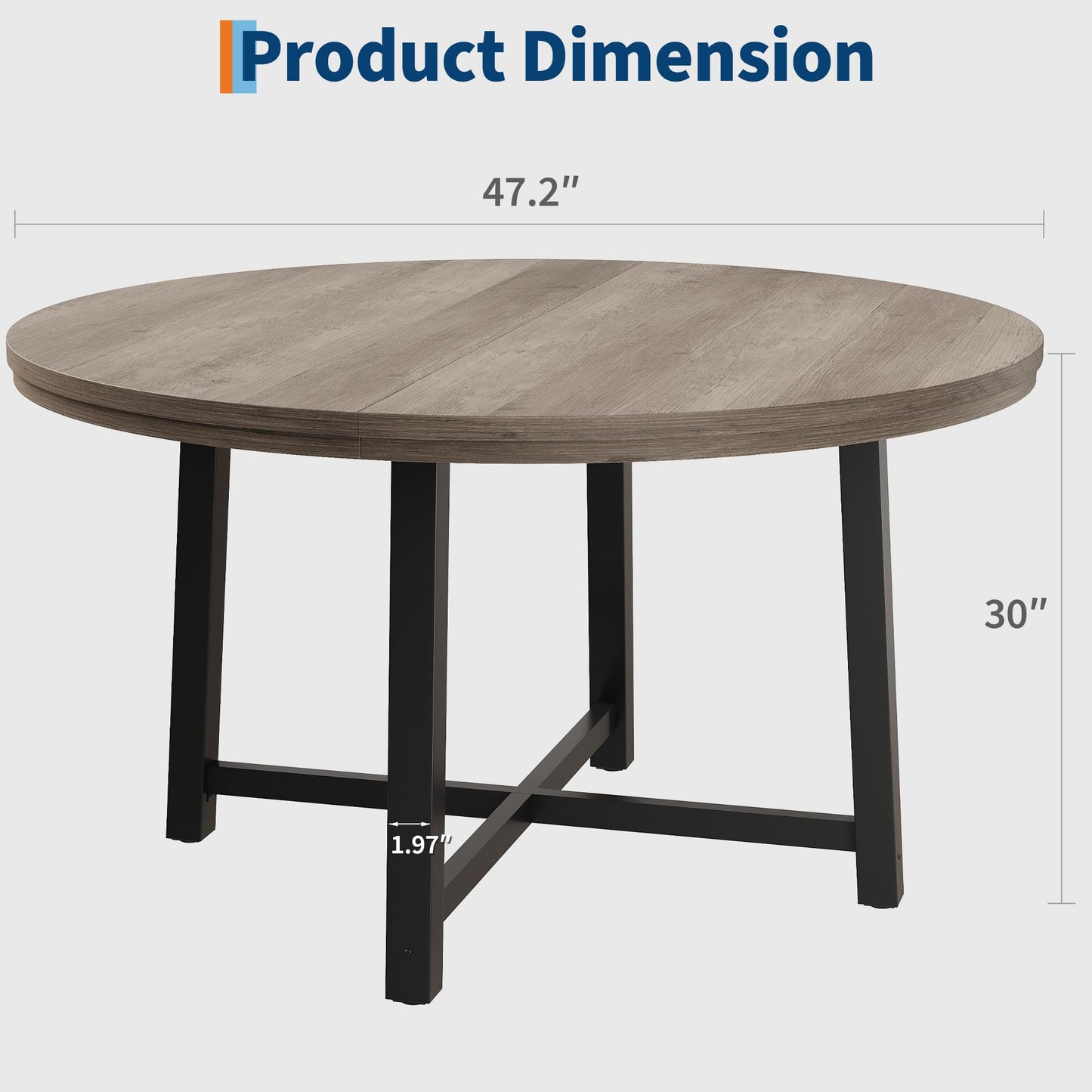 47 in Round Dining Table, Industrial Dinner Table for 4 to 6, Wooden Kitchen Table with Sturdy Metal Frame & Rustic Light Oak Finish