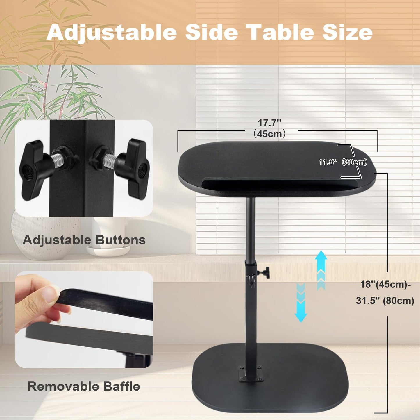 YYW Side Table TV Tray for Couch, 90° Tiltable, Height Adjustable, Black