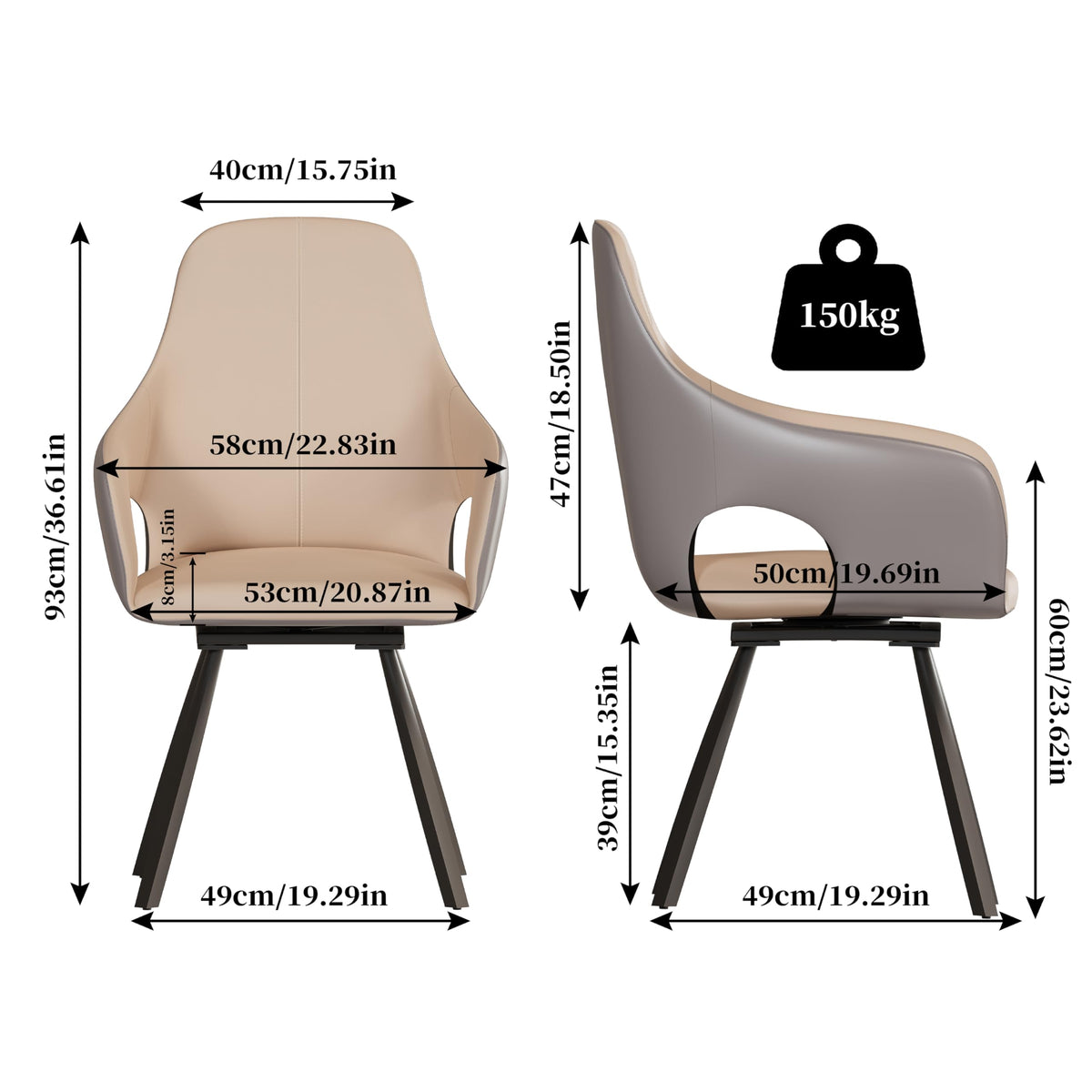 Swivel Dining Chairs 360° Rotatable : Leather Dining Chair Set of 2 Dining Room Chairs with Armrest,High Back Swivel Armchair Sponge Filling