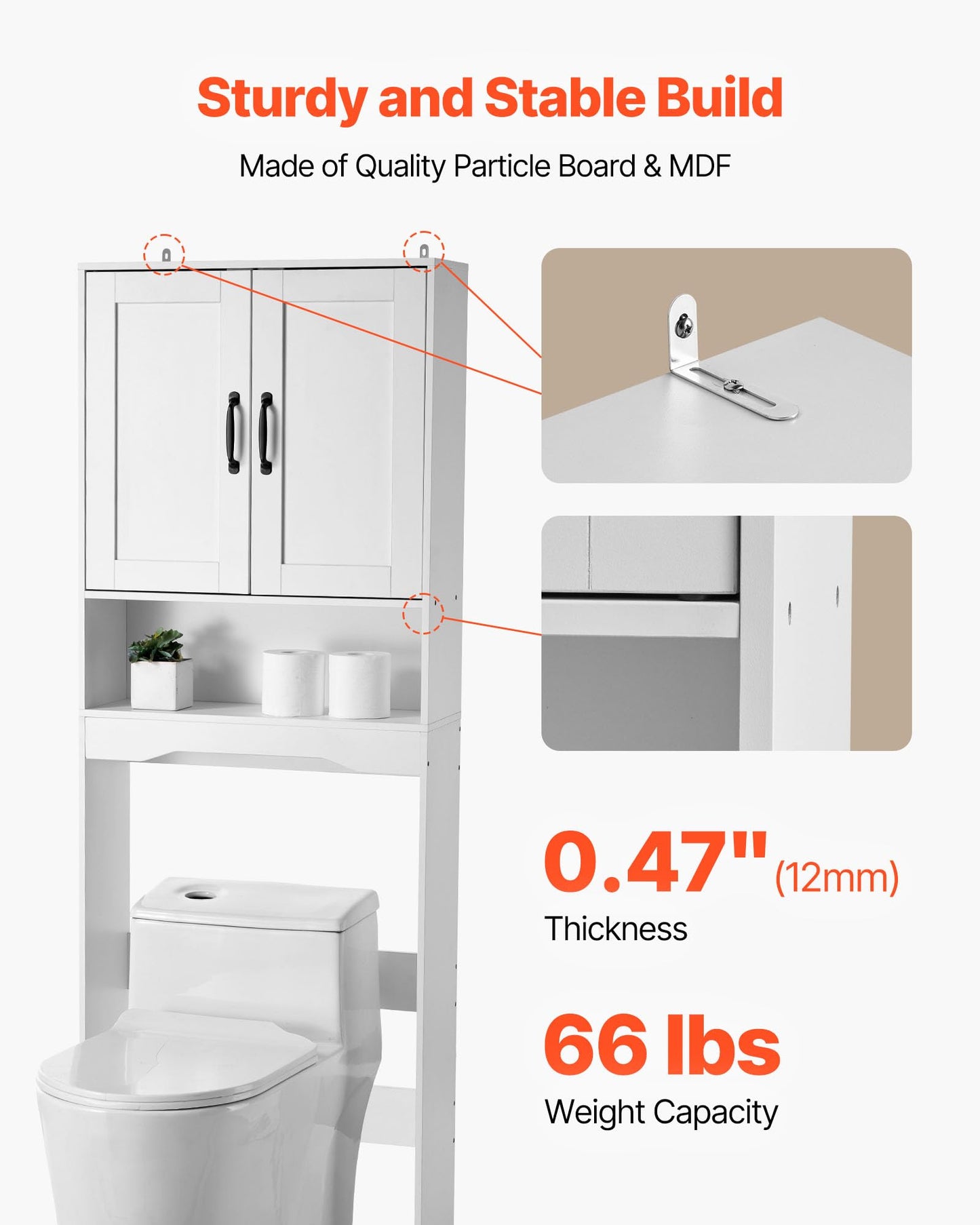 VEVOR Over The Toilet Storage Cabinet, 65 in Height Bathroom Storage Organizer with Double Door and Adjustable Shelf