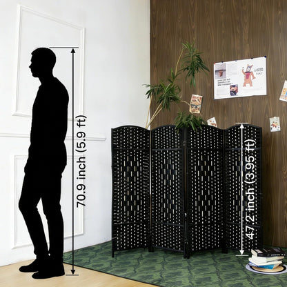 Furnnylane 4 Panel Black Rattan Divider Short Room Partition Screen,Double Sided Short Folding Divider for Room Separation,120 cm Tall