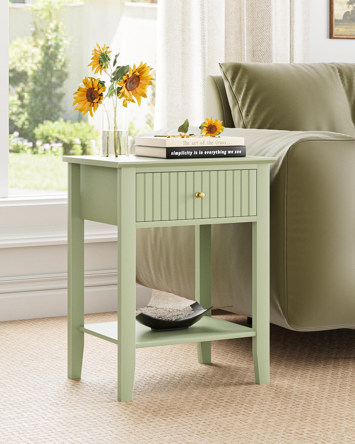 HEYZOEY Bedside Table Chest of 1 Drawer, Bedside Cabinet Wooden Nightstand, Modern Side Table for Living Room,Bedroom,Office,Green