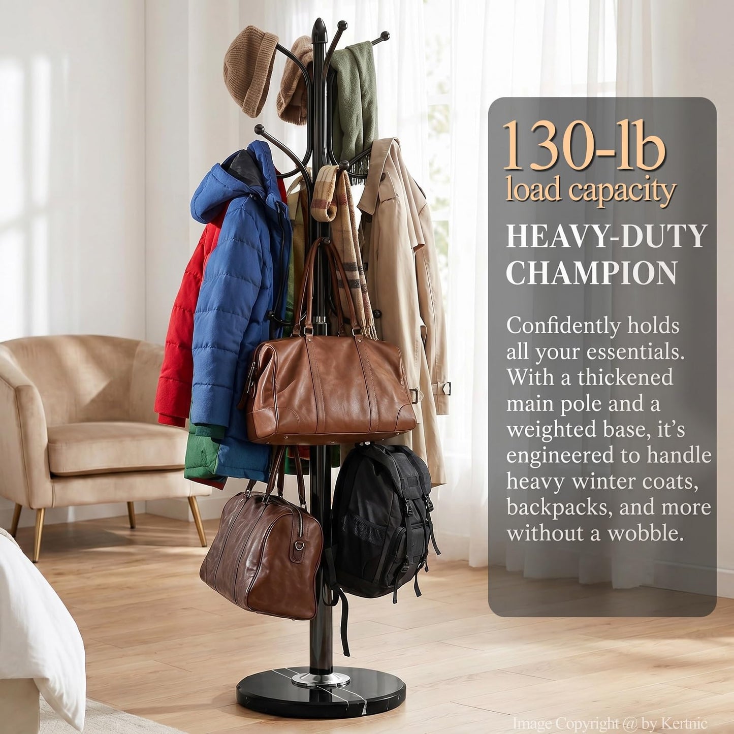 Kertnic Metal Coat Rack Stand with Natural Marble Base, Free Standing Hall Tree with 12 Hooks for Hanging Scarf, Bag, Jacket