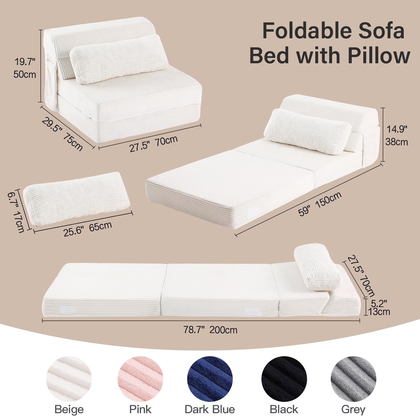 YOTATING Folding Sofa Bed with Pillow, Corduroy Convertible Sleeper Chair, Comfy Floor Futon Mattress Lounge Sofa for Adults