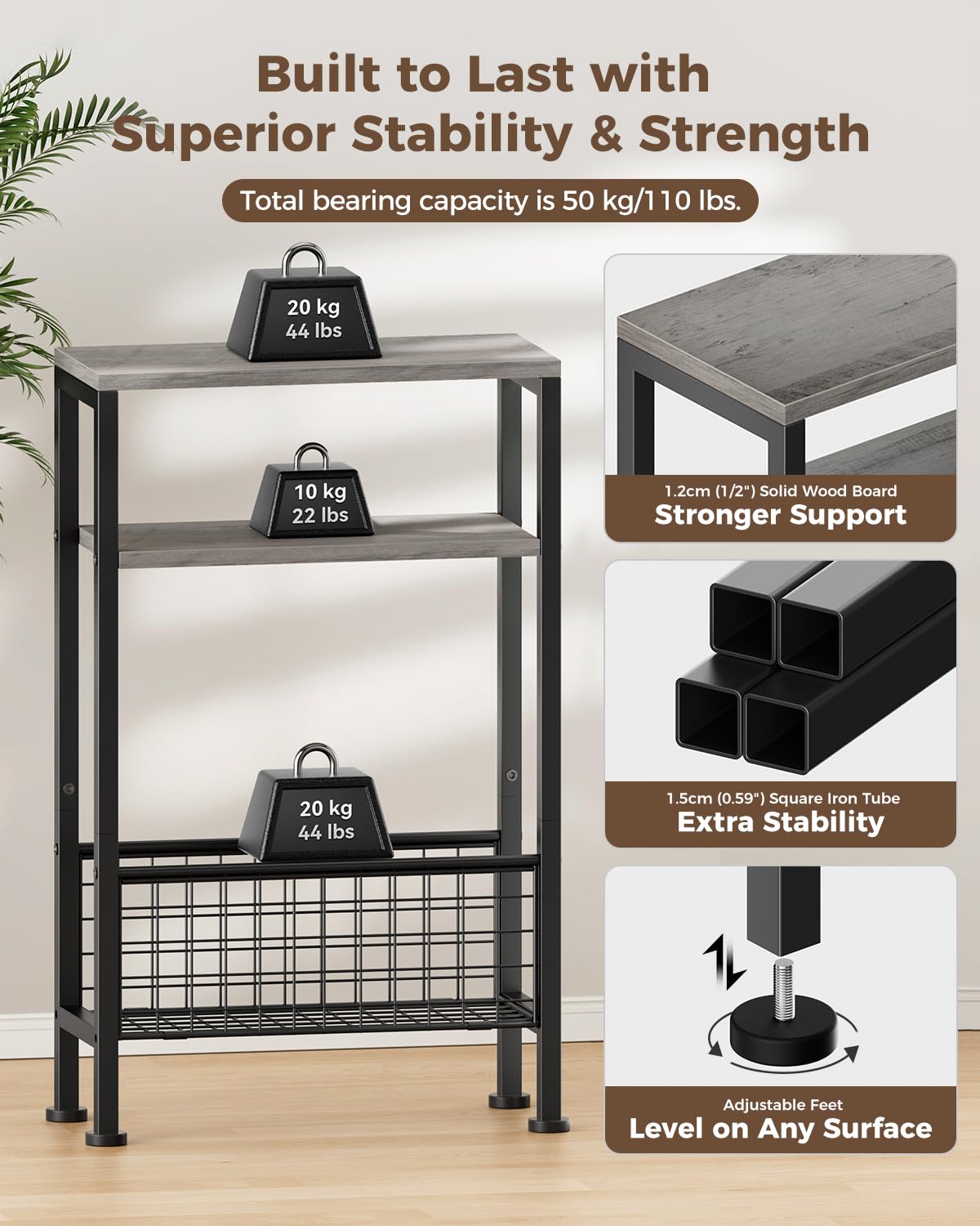 Yuede Narrow Side Table with Magazine Rack, 3-tier Slim Bedside Table, Small End Table for Living Room, Bedroom, MDF & Metal Frame Gray
