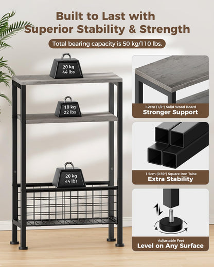 Yuede Narrow Side Table with Magazine Rack, 3-tier Slim Bedside Table, Small End Table for Living Room, Bedroom, MDF & Metal Frame Gray