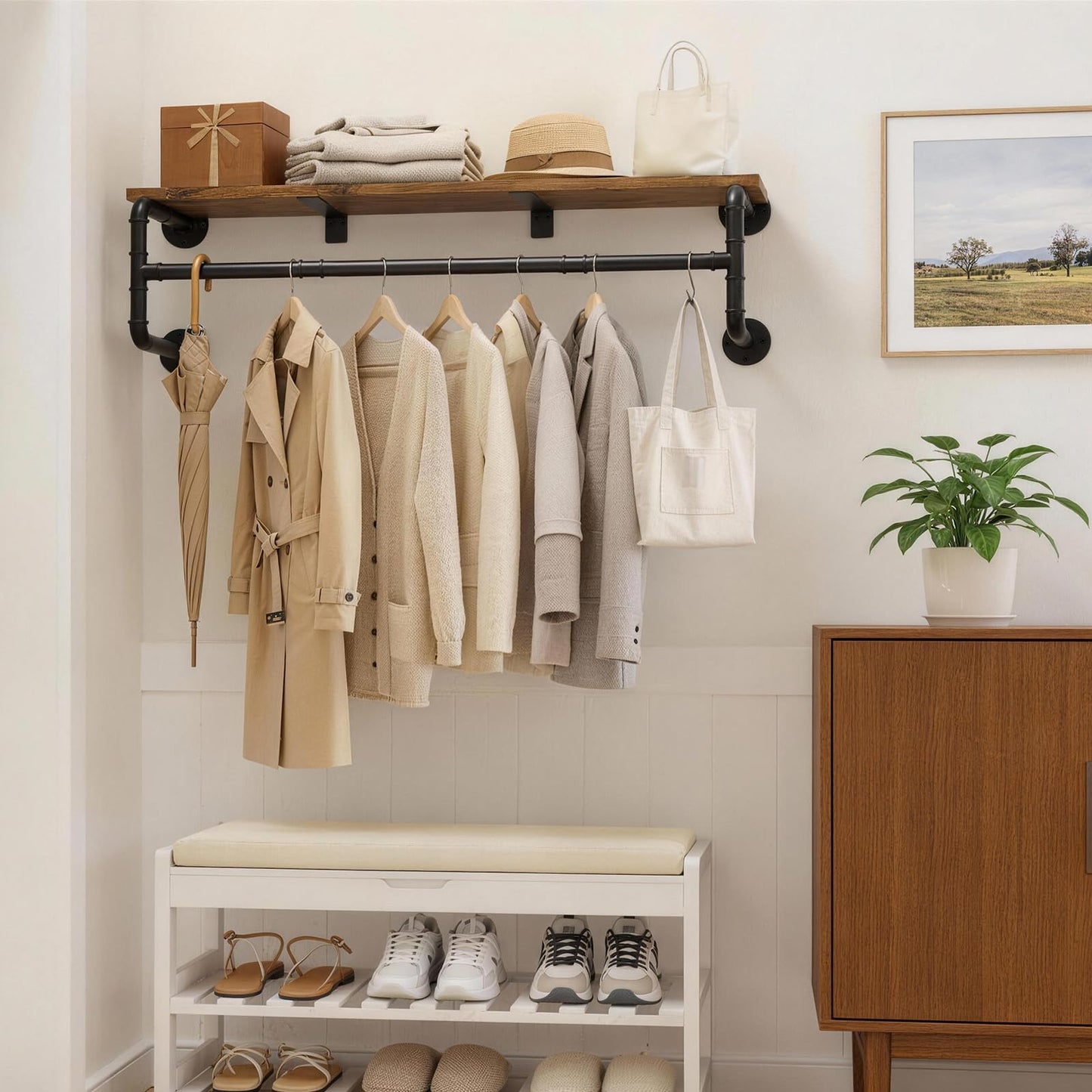 NBOUOU Wall Mounted Clothes Rail, 100cm Industrial Pipe Clothing Rack with Top Shelf, Shelves Clothes Hanging Rail Storage Organizer
