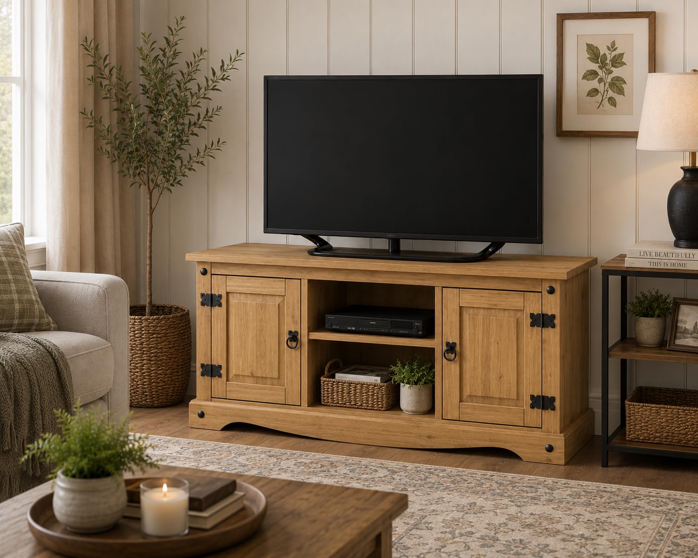 Mews Corona TV Stand Flat Screen Entertainment Unit Solid Pine 2 Door Television Cabinet Mexican Waxed