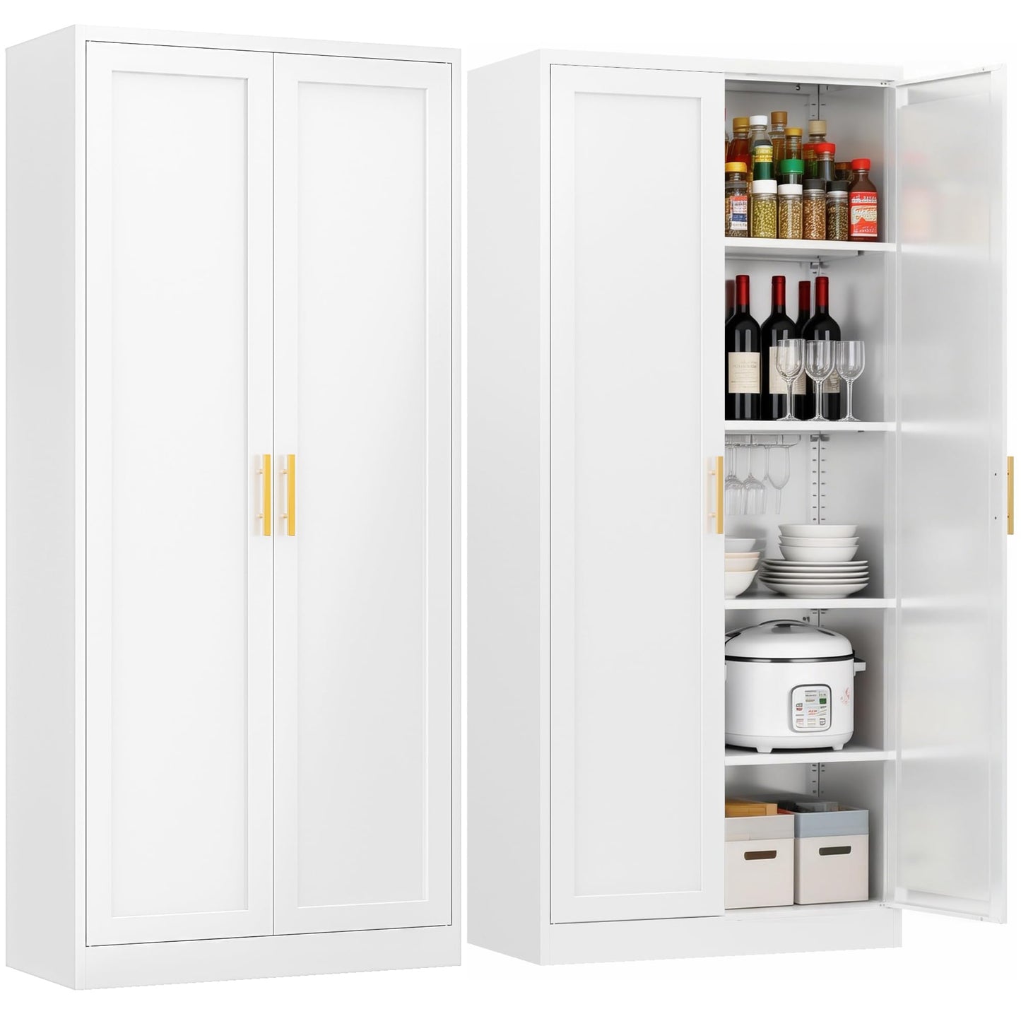 Tall Kitchen Cupboard, 180cm Metal Storage Cabinet, White, 180*70*35cm