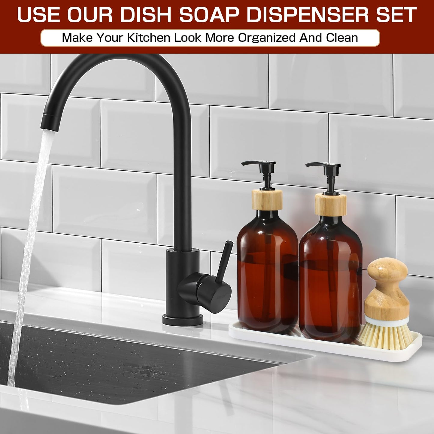 GMISUN Dish Soap Dispenser, Amber Kitchen Soap Dispenser Set with Tray