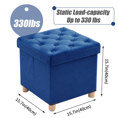 BRIAN & DANY Folding Storage Ottoman with Wood Legs, Velvet Footstools Cube for Living Room and Bedroom, 40x 40x 40 cm, Blue