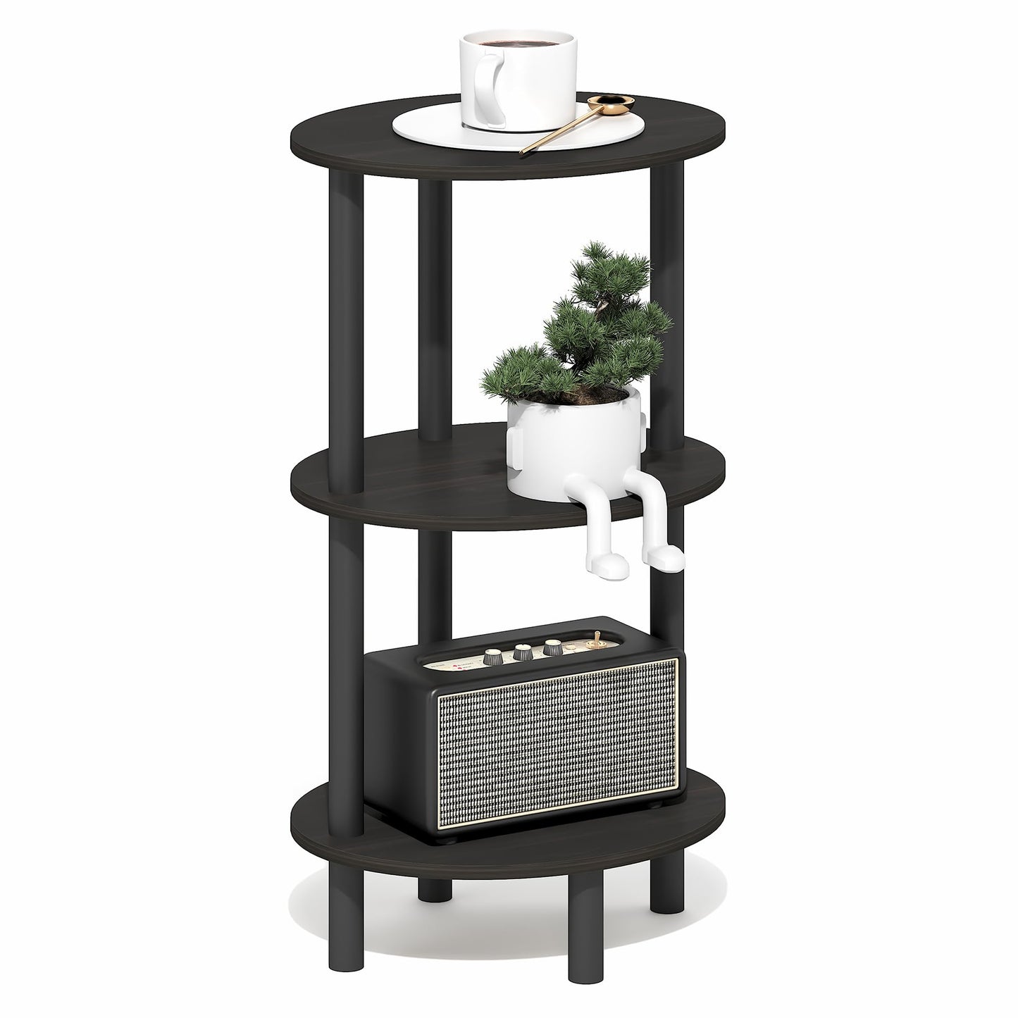 Furinno TURN-N-TUBE Side Table, 3-Tier Oval End Table, Night Stand, Bedside Table, for Living Room, Bedroom, Espresso/Black