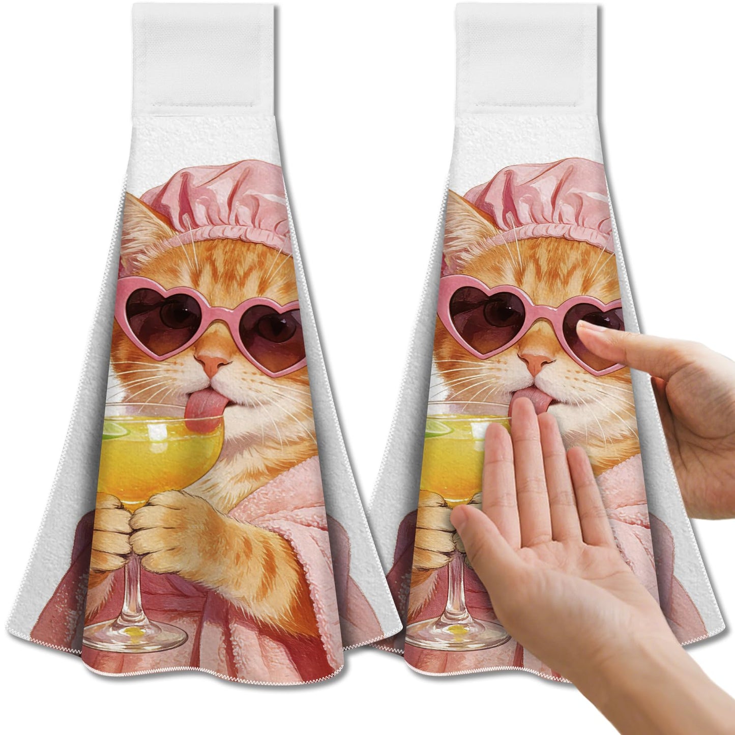 CUTHOLLOW 2 Pcs Funny Cat and Cocktail Hanging Kitchen Towels with Loop