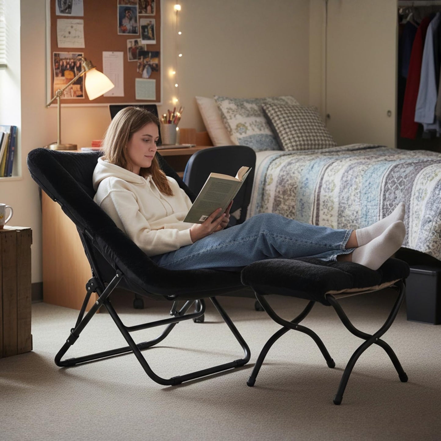 SESHINELL Saucer Chair with Ottoman, Oversized Foldable Faux Fur Lounge Seat with Metal Frame, Cosy Accent Chair for Bedroom, Living Room or Dorm