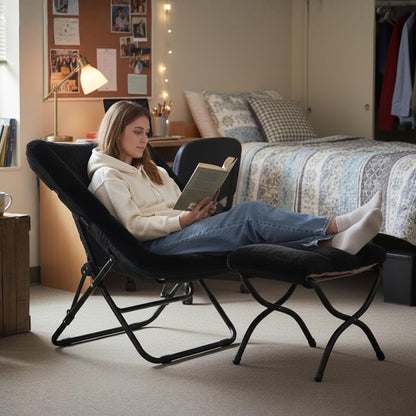 SESHINELL Saucer Chair with Ottoman, Oversized Foldable Faux Fur Lounge Seat with Metal Frame, Cosy Accent Chair for Bedroom, Living Room or Dorm
