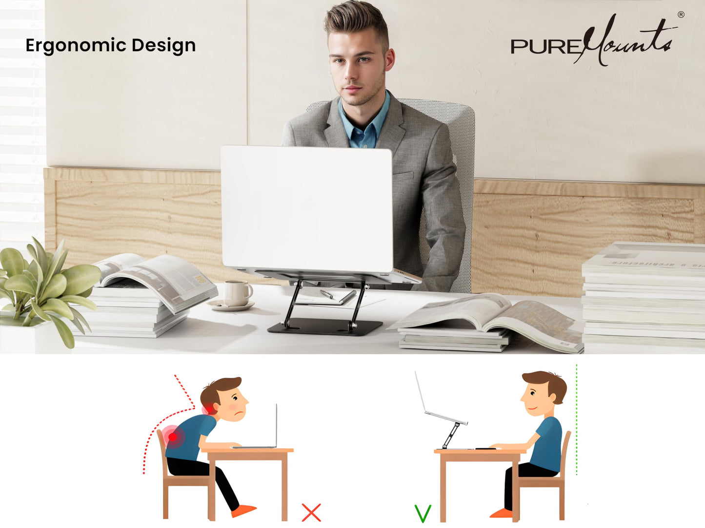 PureMounts Laptop Stand, Height Adjustable, Foldable & Ergonomic Notebook Holder for Home Office, Continuously Adjustable