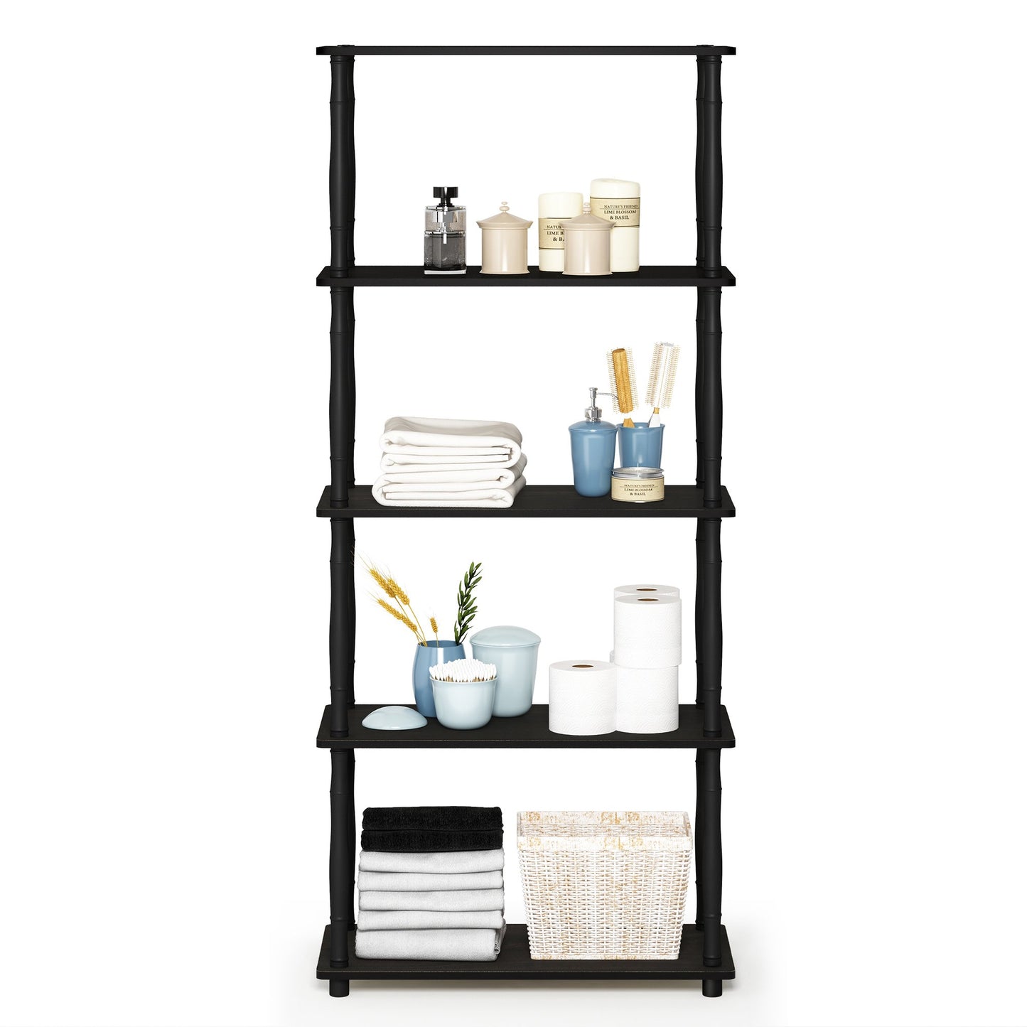 Furinno Turn-S-Tube Toolless Assembly 5-Tier Black Book Shelf, Corner Shelf, Open Shelves, Classic Tubes, for Organization and Storage, Living Room