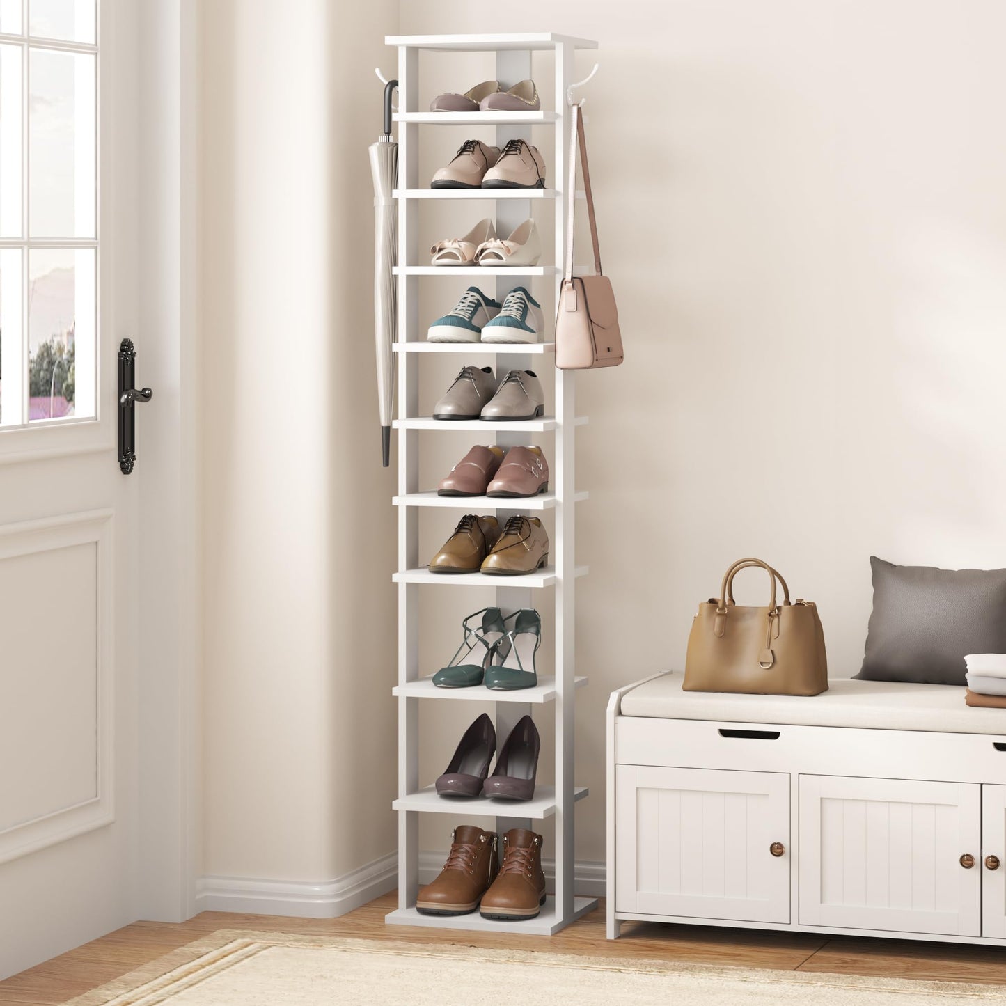 HOME BI 11-Tier Vertical Shoe Rack, Corner Shoe Tower, Slim Shoe Organizer with Two Hanging Hooks, Wooden Shoe Storage Stand for Entryway, Hallway