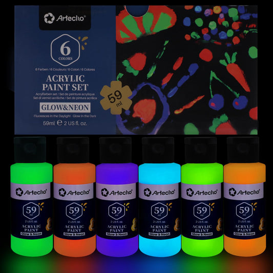 Artecho Acrylic Paint Set for Art Painting, Decorate, 6 Neon and Glow in the Dark Colors 2-in-1 2 Ounce/59ml Acrylic Paint Supplies for Wood, Fabric,