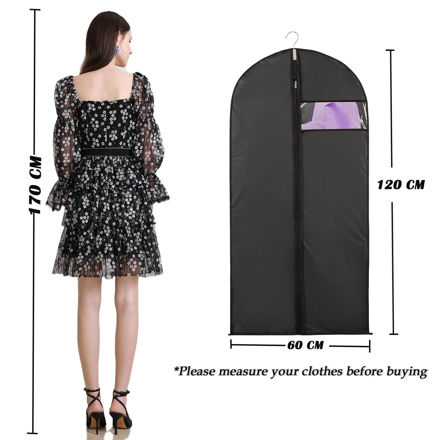 Niviy Suit Bags 60 x 120 cm, Black Garment Covers with Zip & Clear Window