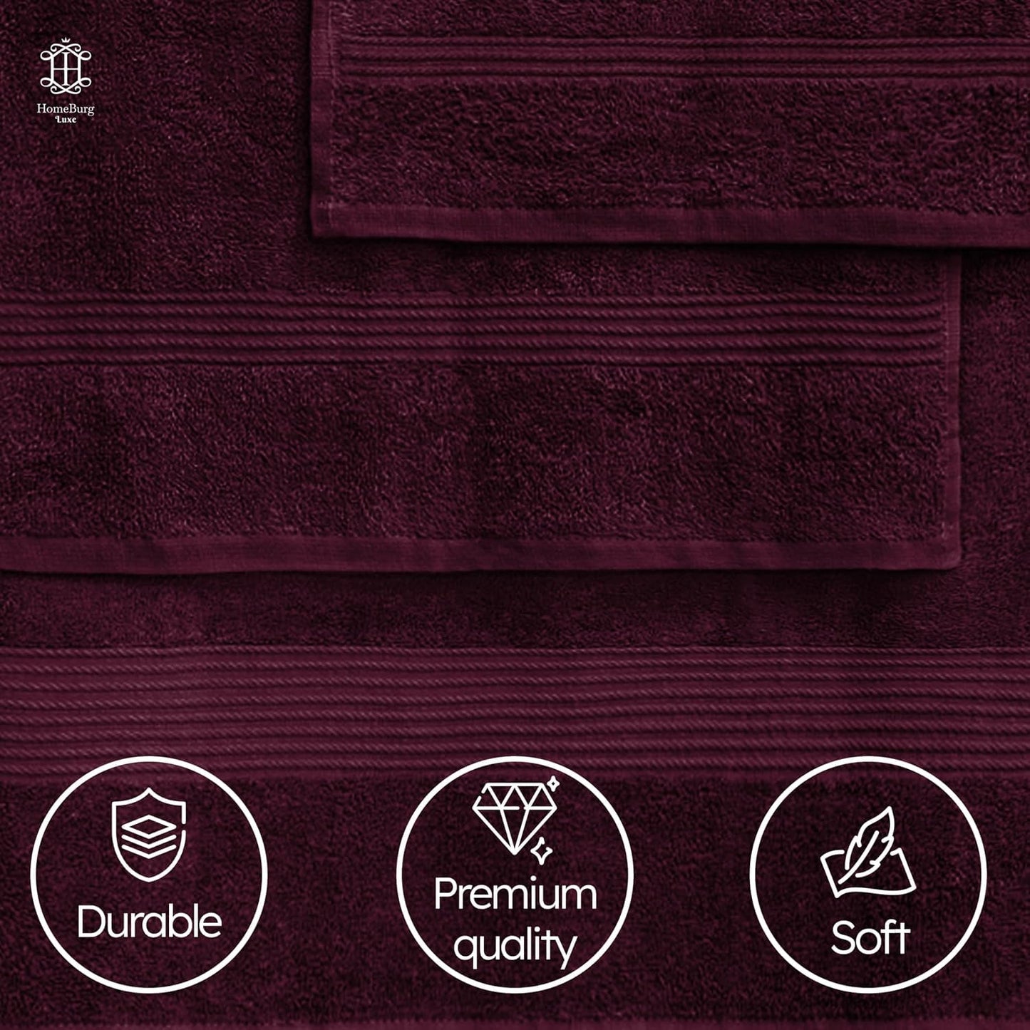 HomeBurg Luxe Set – Washcloths (30 x 30cm), Hand Towels (40 x 70cm) & Bath Towels (65 x 137 cm) – 100% Cotton, Soft, Absorbent, Easy Care, Versatile