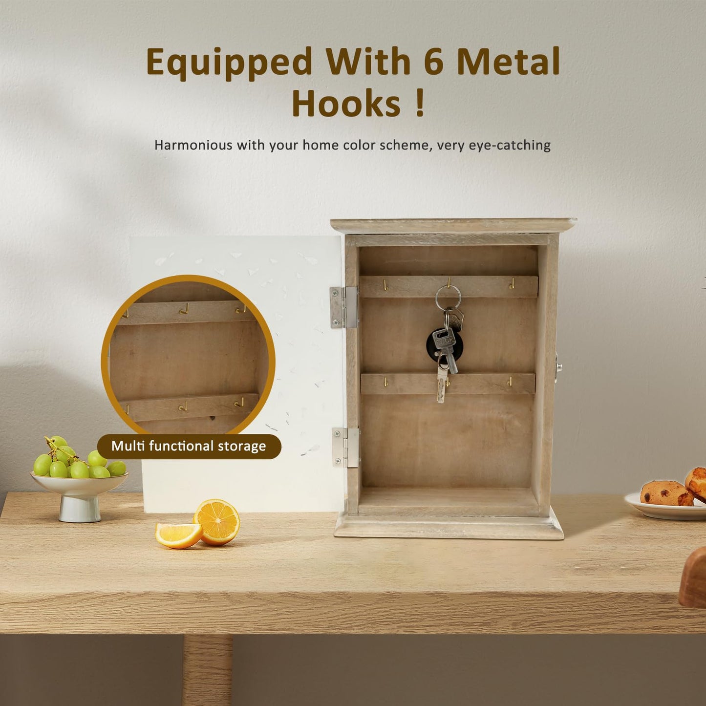 NIHUIFDPY Wooden Key Cabinet Wall Mounted, Decorative Hollow Design Key Storage Box 6 Hooks
