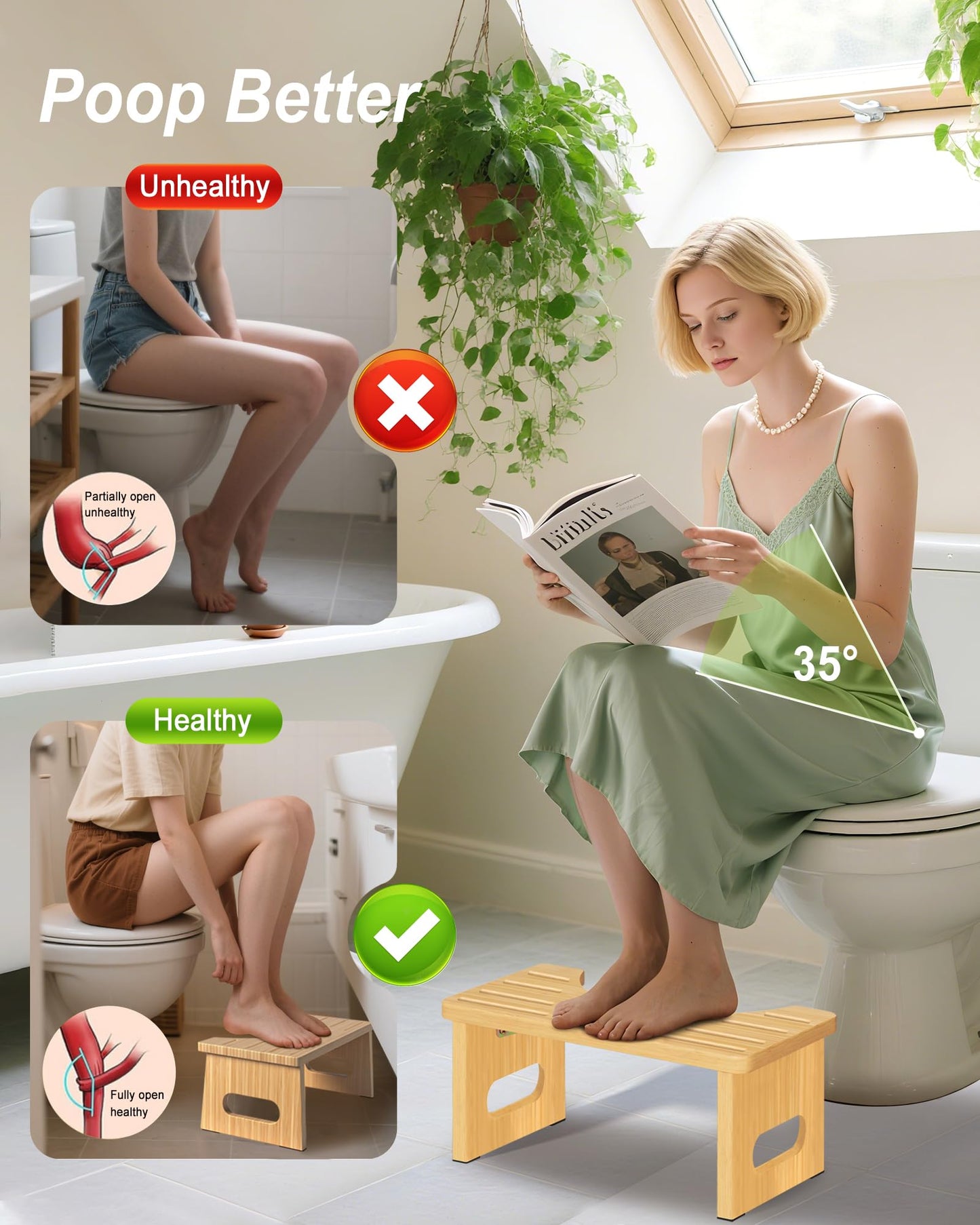 Toilet Stool 7 Inch Bamboo Squatting Step Stool for Adults, Kids & Elderly, Foldable Bathroom Stools , Anti-Slip & Easy to Clean Potty Tool