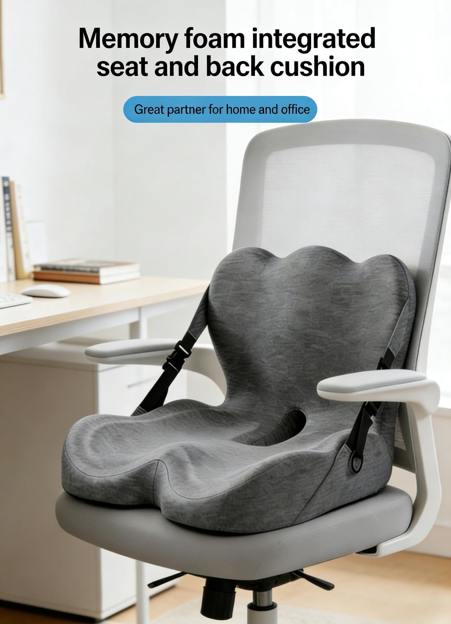 HoldOneLight Memory Foam Seat Cushion – Ergonomic Tailbone Pain Relief Cushion – Non-Slip Seat Pad for Office Chair & Car Seat – Grey