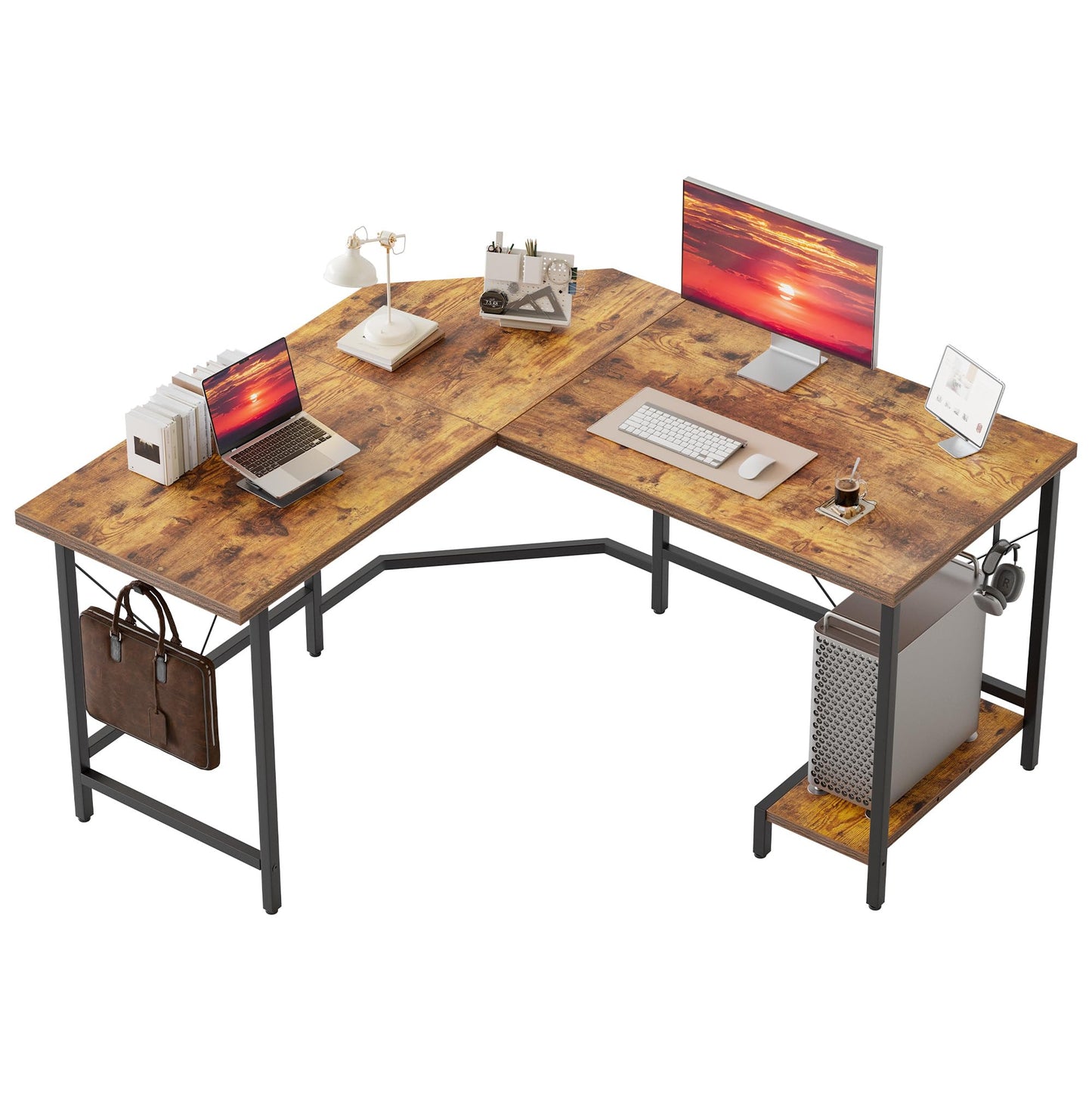 Mericonia L Shaped Desk, Diamond Design for Socket, 120x110cm, Brown