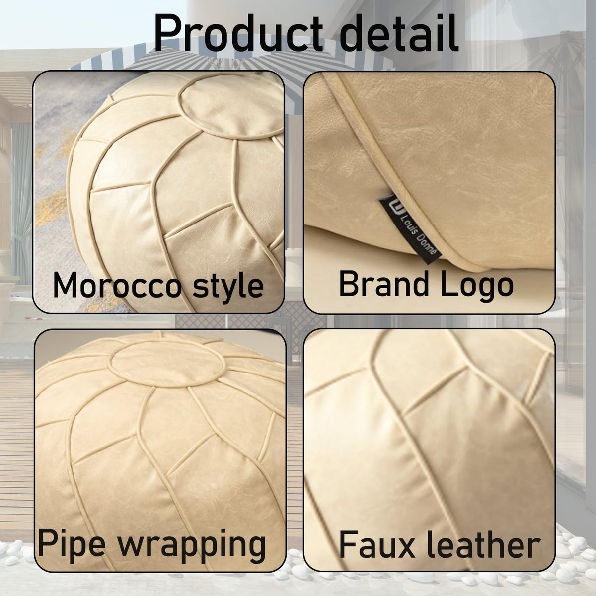Louis Donné Round Pouffe Cover Unstuffed Handmade Waterproof Faux Leather Ottoman Cover Storage Footstool Seat for Living Room Bedroom Indoor Decor