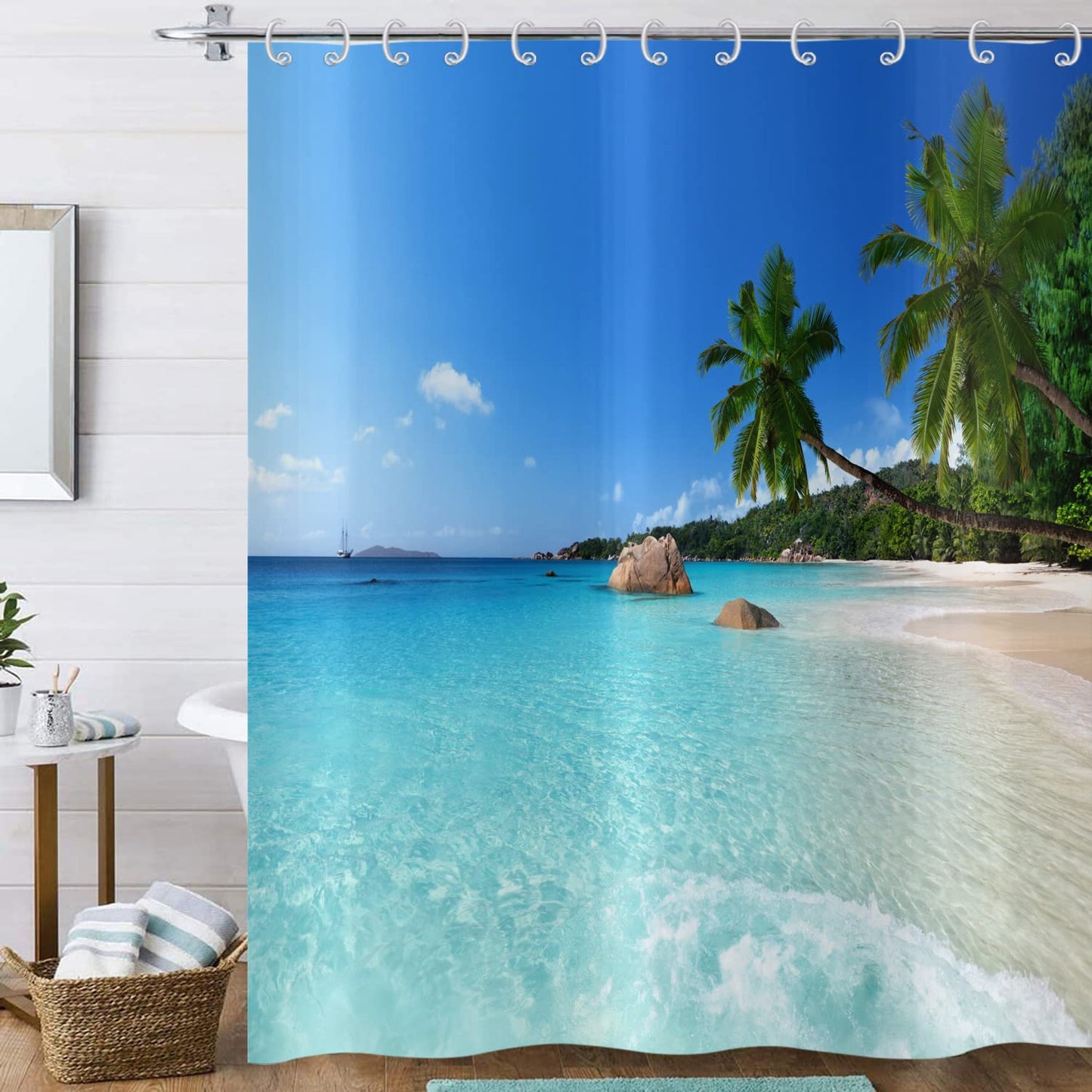 Hnmdmyi Ocean Beach Shower Curtain 165x180, Tropical Palm Trees Seaside Island Blue Sky Hawaiian Landscape Bathroom Curtains with Hooks Waterproof