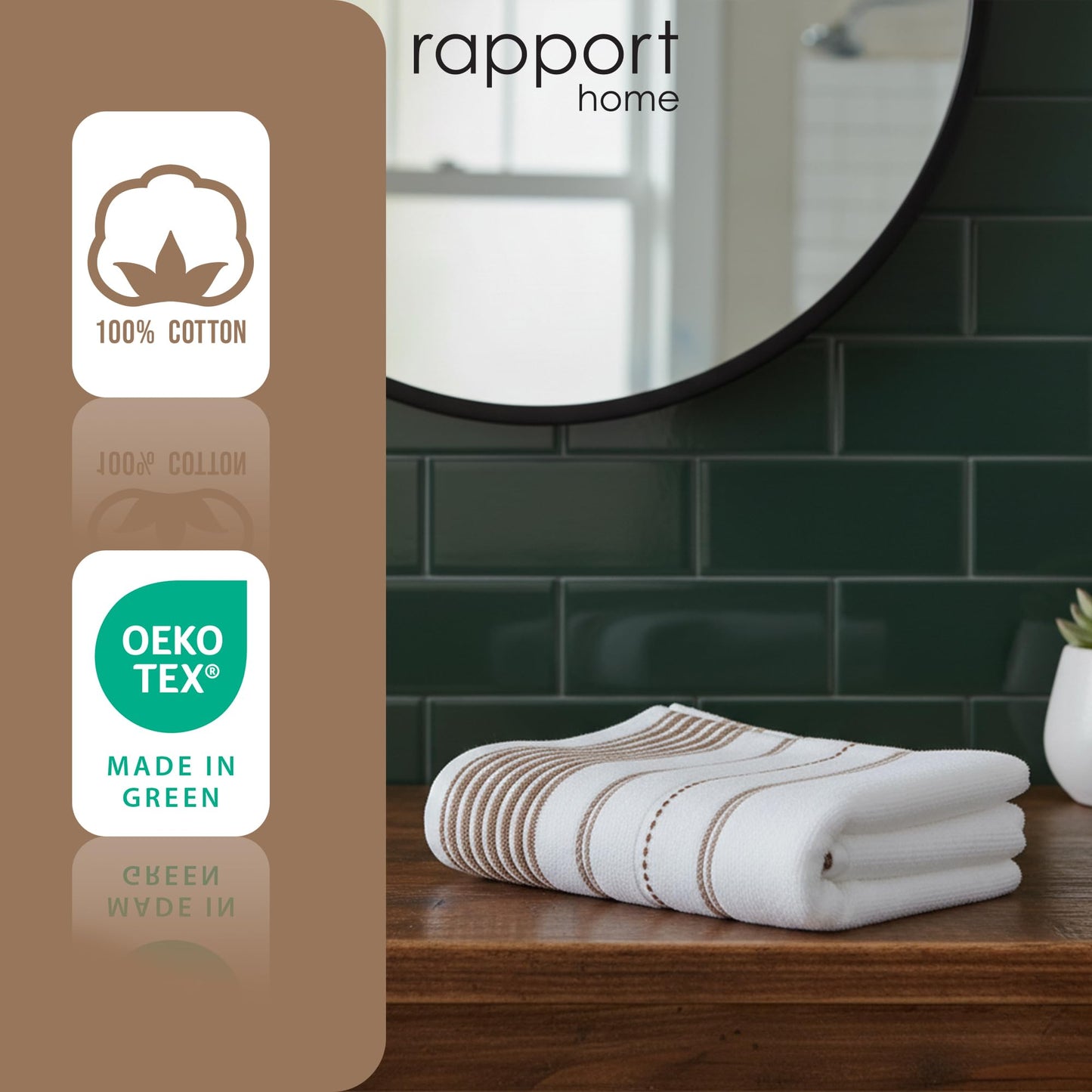 Rapport Home 2-Pack Dakota Stripe Hand Towels | 50x85cm | 100% Cotton | 500GSM | Absorbent & Soft Bathroom Towel Set | Oeko-Tex Certified | Natural