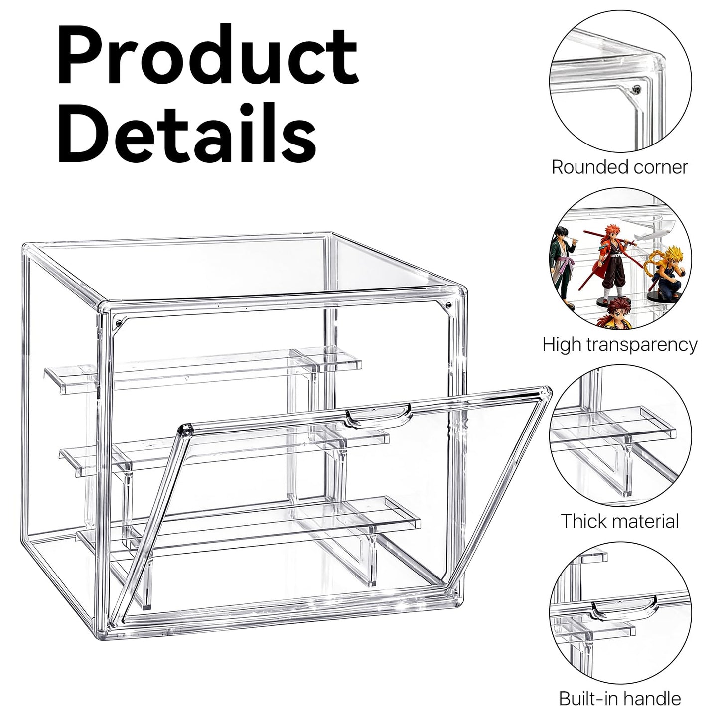 Akamino Acrylic Display Case with Removable 3-Tiered Shelves, 36 x 23 x 27cm Stackable Display Box Dustproof Countertop Cube with Openable Door