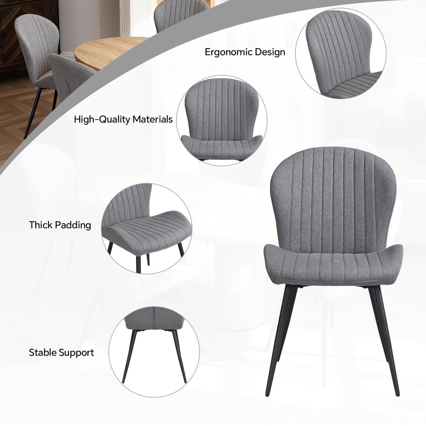 Dining Chairs, Dining Chairs Set of 2, Upholstered High Back Soft Padded Seat Side Dining Chairs for Living Room and Dining Room, Grey