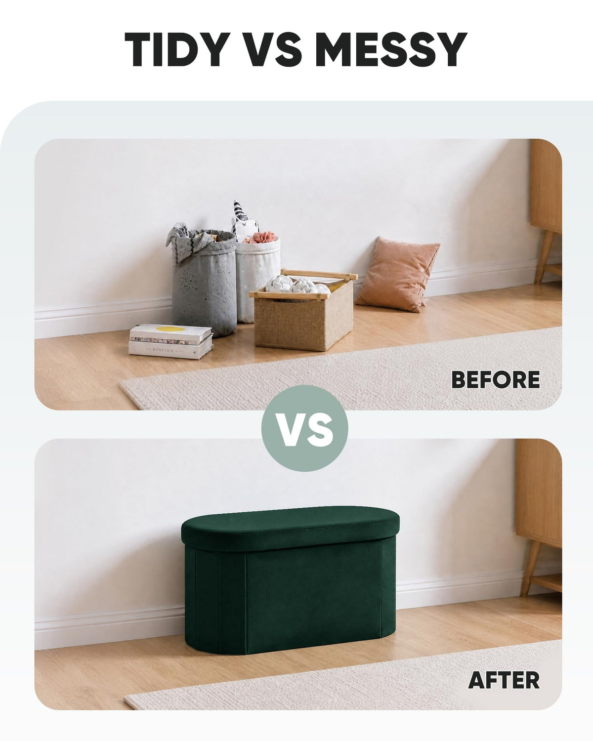 Bonlife Velvet Folding Ottoman Storage Bench, 76x38x38cm, Bottle Green