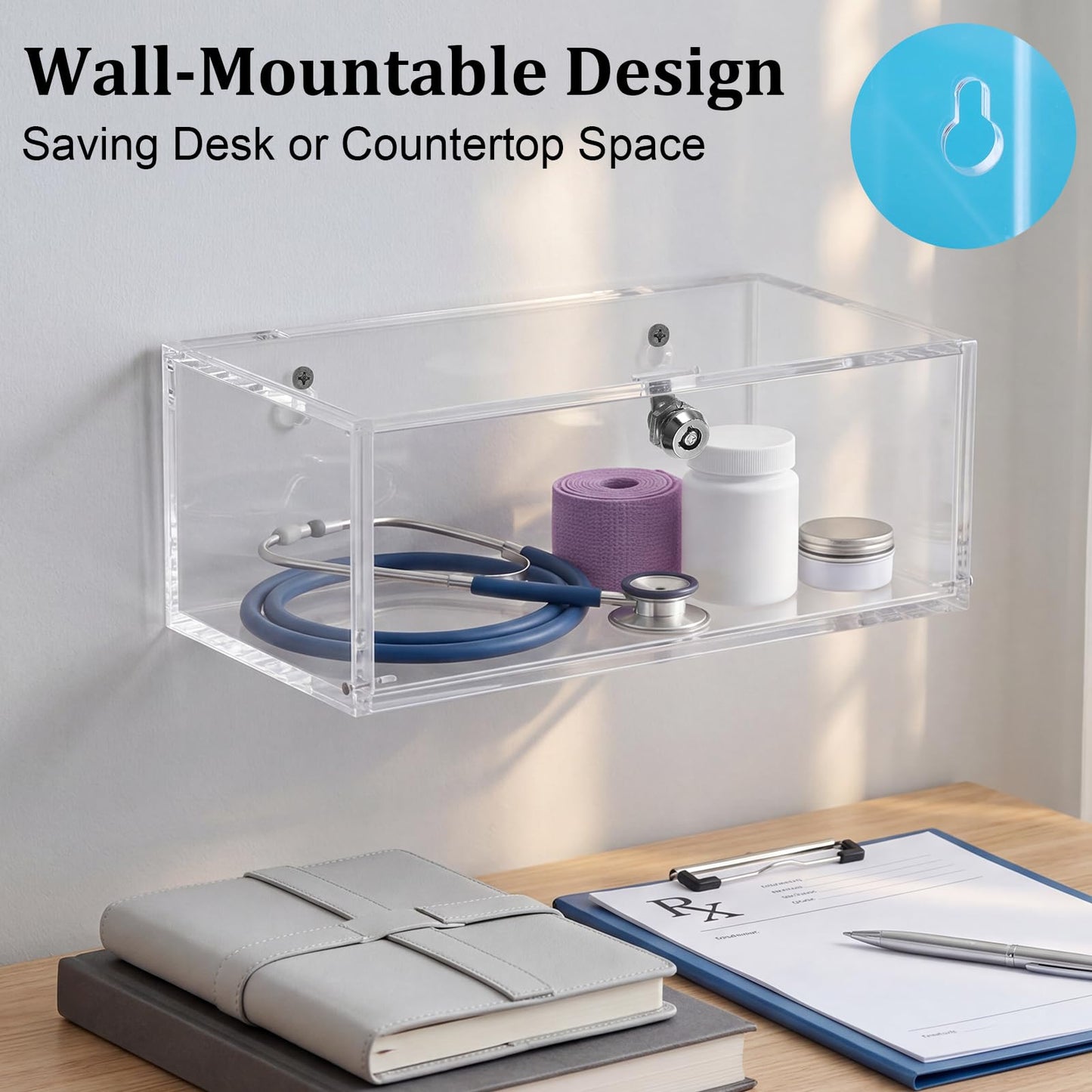 TOLIDA Acrylic Refrigerator Medicine Box with Keys - Clear Wall Mounted/Desktop Medicine Lock Box, Plastic Storage Container for Medical Supplies