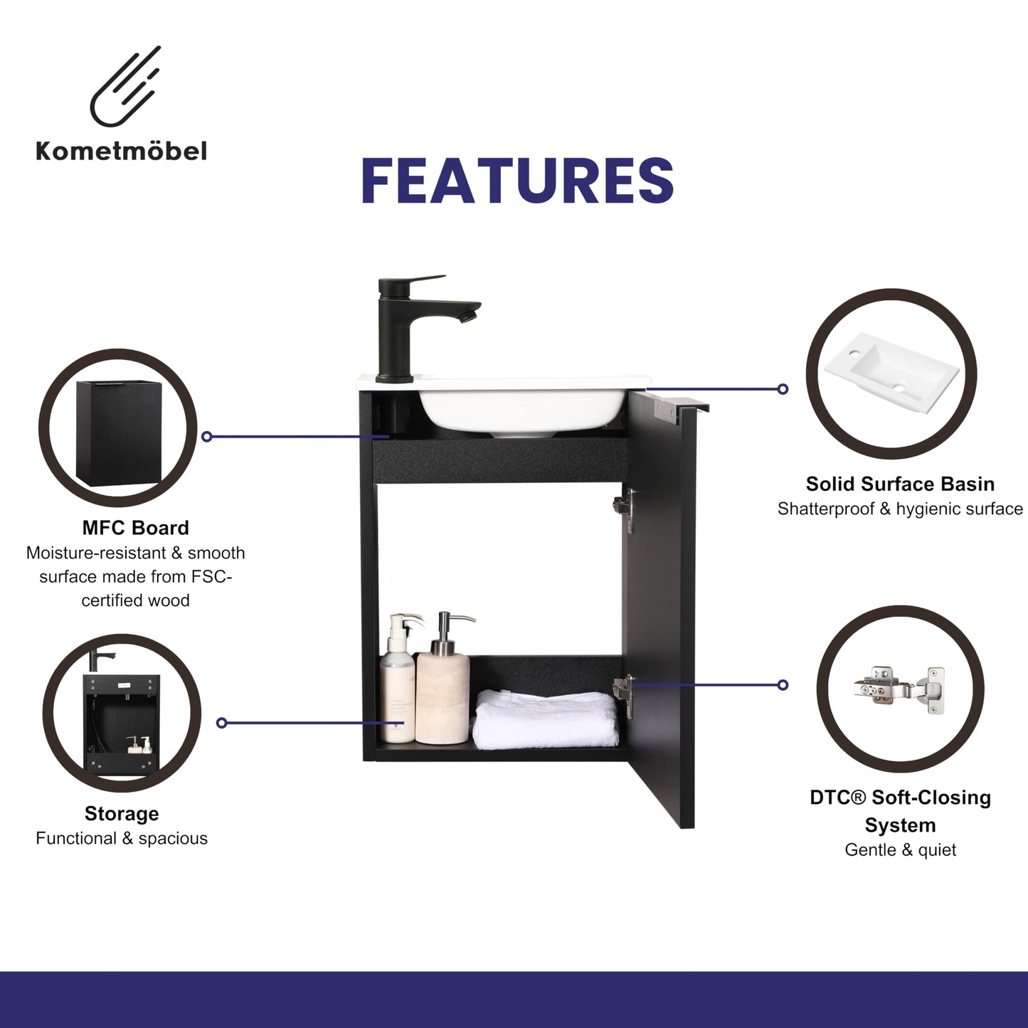 Kometmöbel Cloakroom Vanity Unit With Wash Basin Bathroom Vanity 40cm Wall Hung (Black with Handle 40cm, Without Tap)