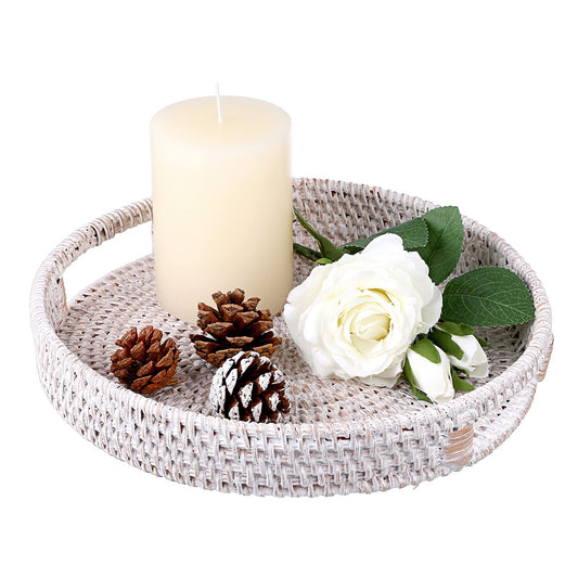 IGNPION Rattan Serving Tray 25cm Decorative Display Tray Table Storage Trays with Handle Desktop Organiser Basket for