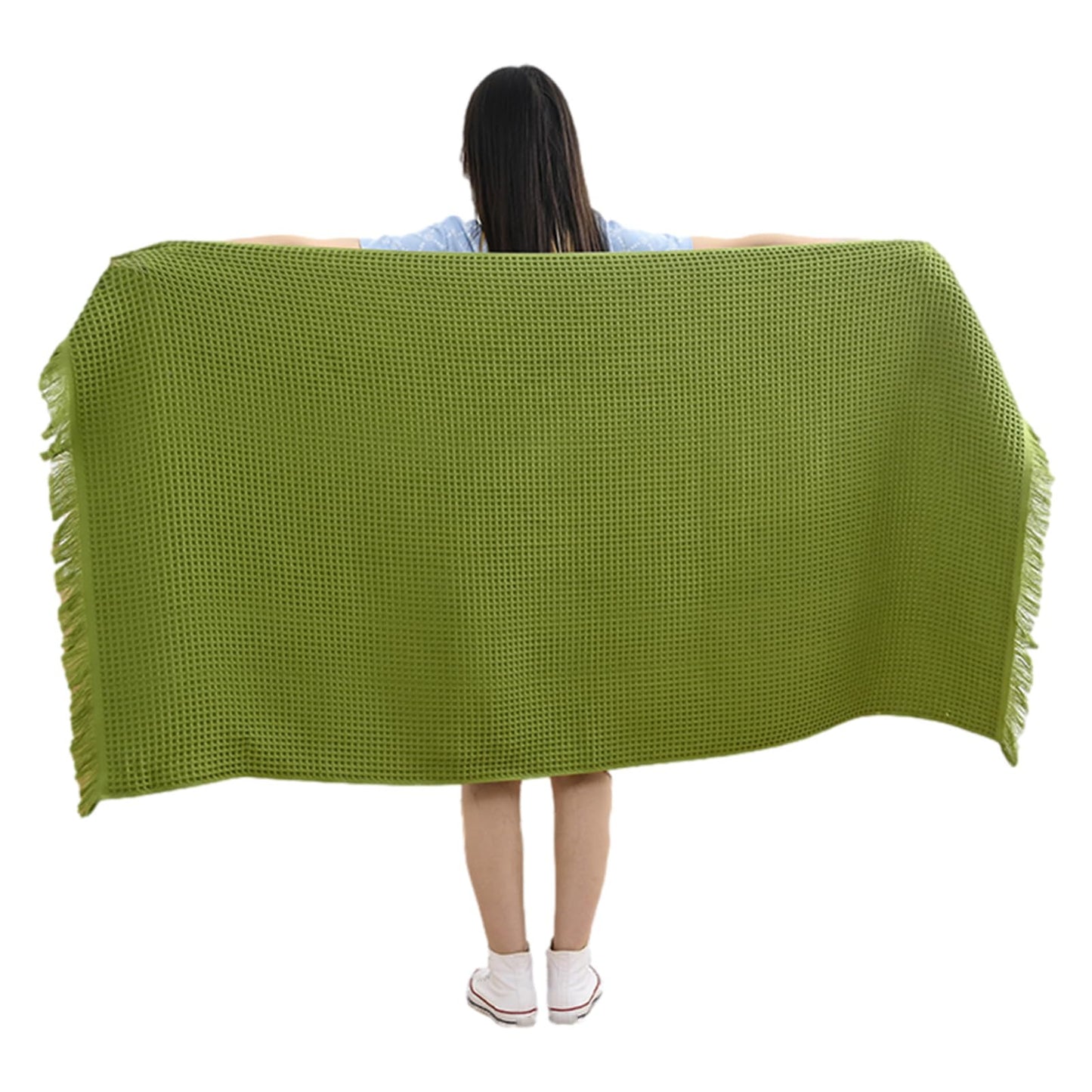 Jamron Pure Cotton Waffle Bath Towel Quick Dry Soft 180x90cm Large Bath Sheet Tassel Shawl SN079108 Green