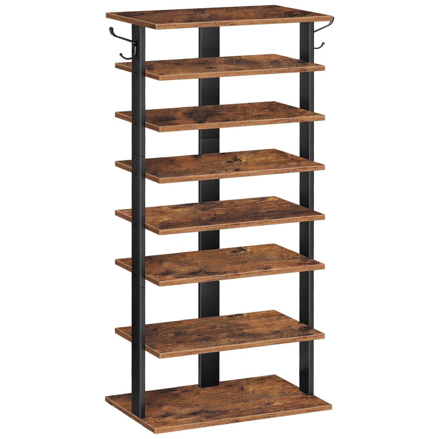 HOOBRO Shoe Rack Wooden, Tall Shoe Rack, Narrow Shoe Storage Organizer with 2 Hooks, Slim Narrow Shelf, Vertical Tower for Entrance, Living Room