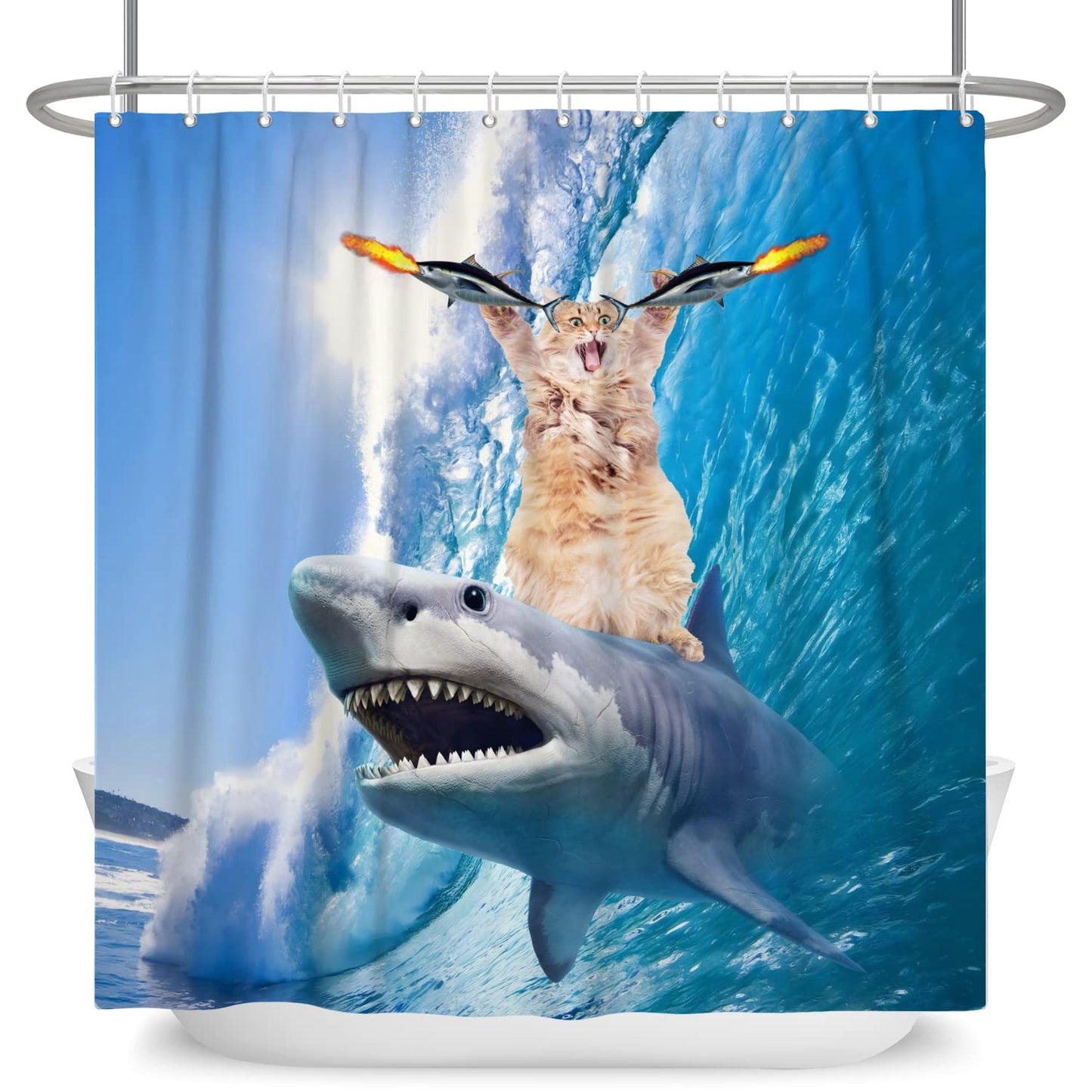 SDOTPMT 180x180cm Funny Cute Cat Shark Shower Curtain Blue Ocean Wave Bathtub Curtian Summer Cartoon Painting Bath Curtain for Kids Bathroom Decor