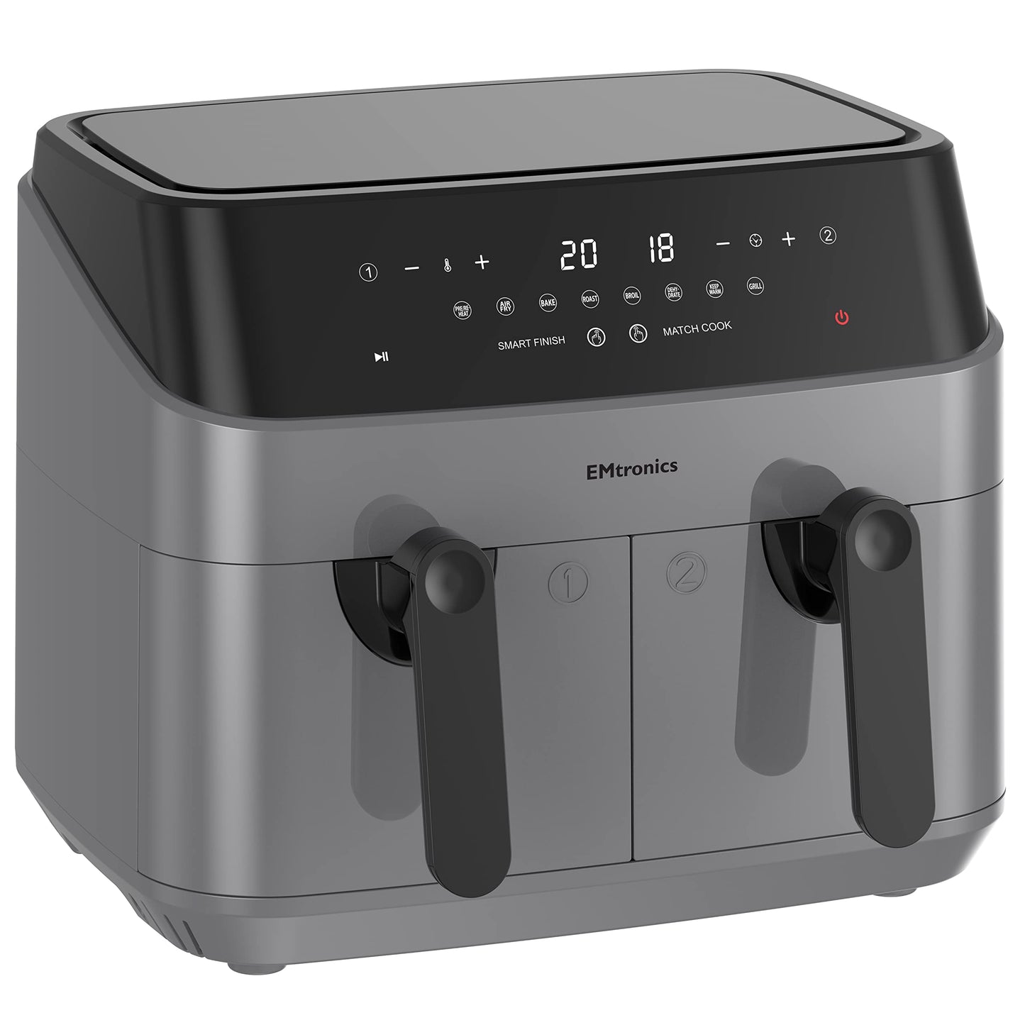 EMtronics EMAFDD9LGR Dual Air Fryer Extra Large Family Size Double XL 9 Litre with 8 Adjustable Pre-Set Menus for Oil Free & Low Fat Healthy Cooking,